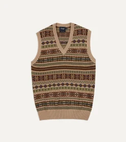 Drake’s Beige Cotton Cashmere Fair Isle Knit Vest