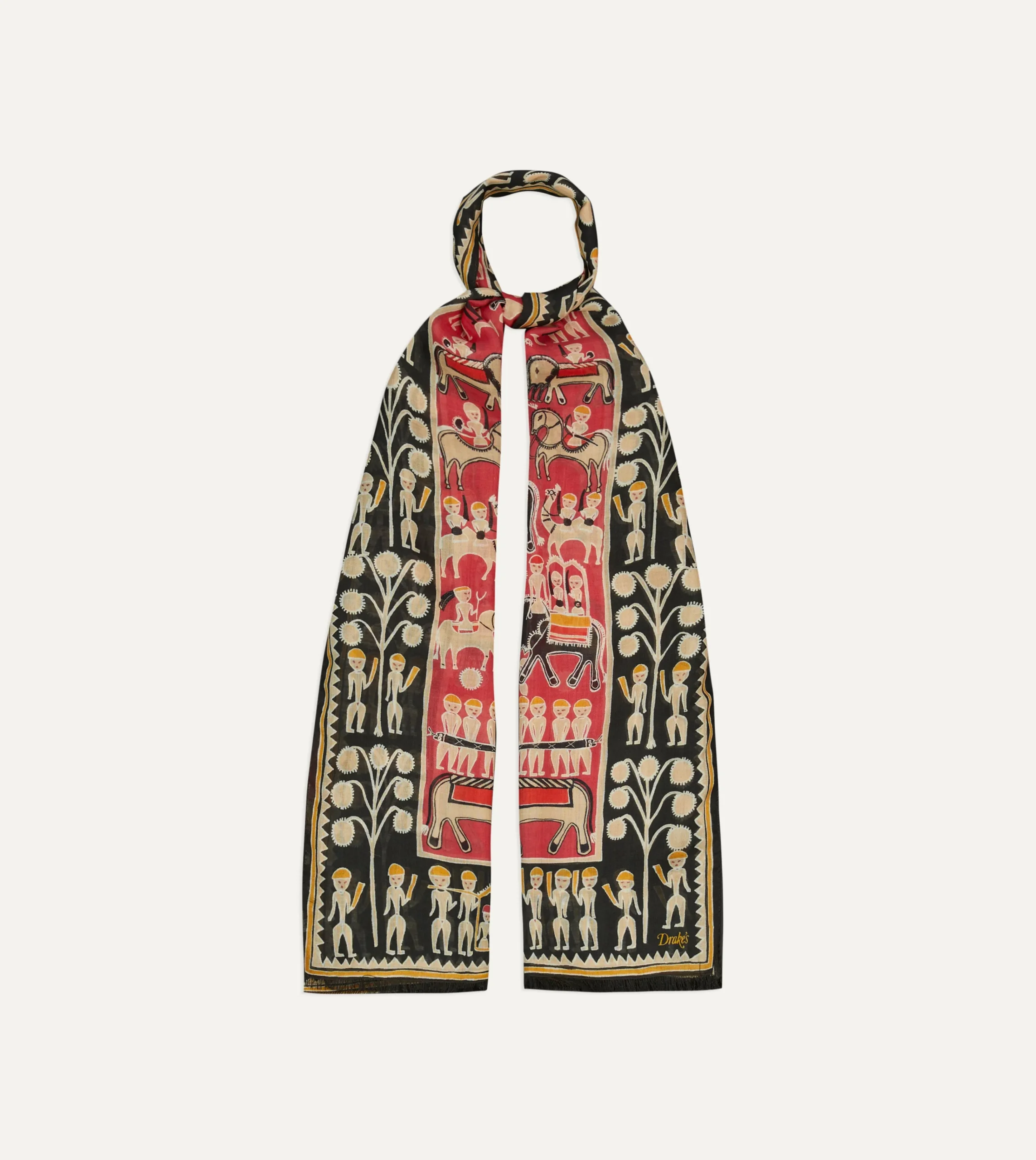 Drake’s Black And Red Tribal Elephant Print Wool-Silk Scarf