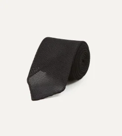 Drake’s Black Fine Woven Grenadine Silk Hand Rolled Tie