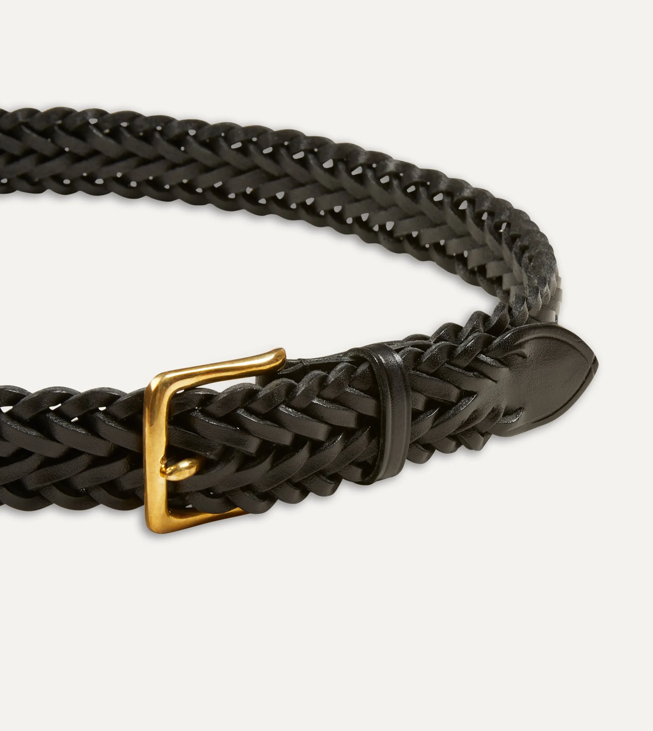 Drake’s Black Plaited Bridle Leather Belt With Brass Buckle