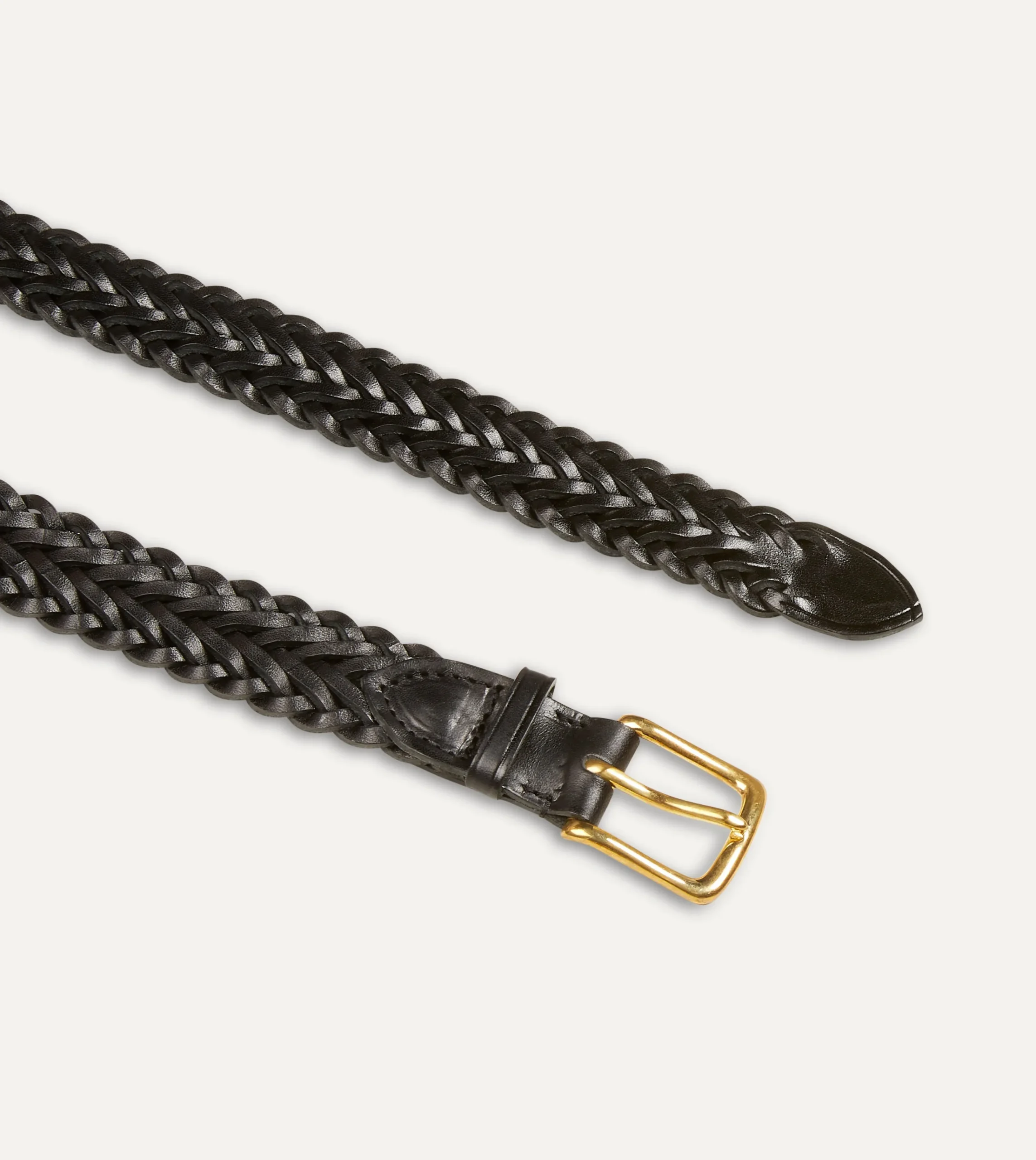 Drake’s Black Plaited Bridle Leather Belt With Brass Buckle