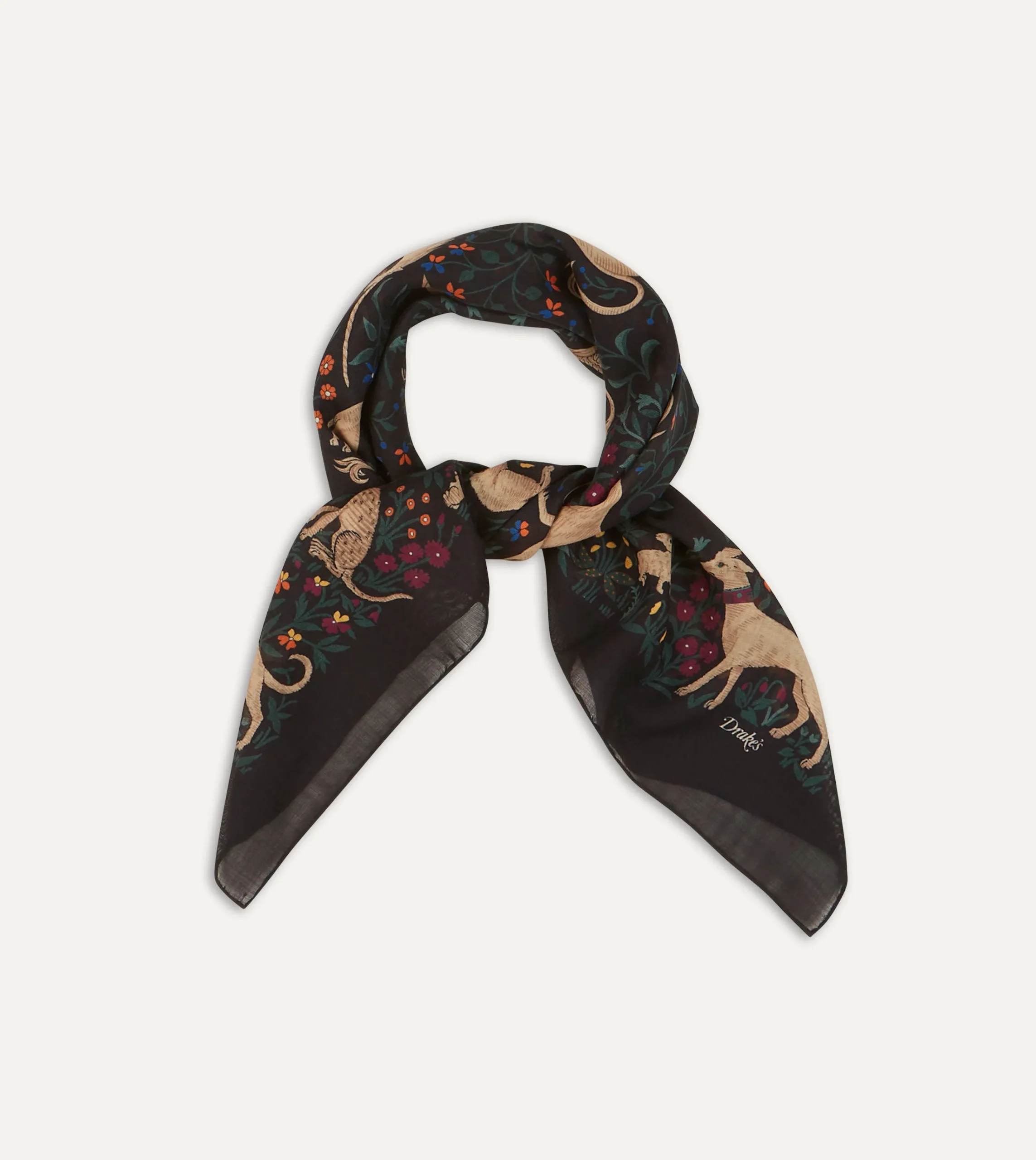 Drake’s Black Unicorn Print Wool-Silk Square Scarf