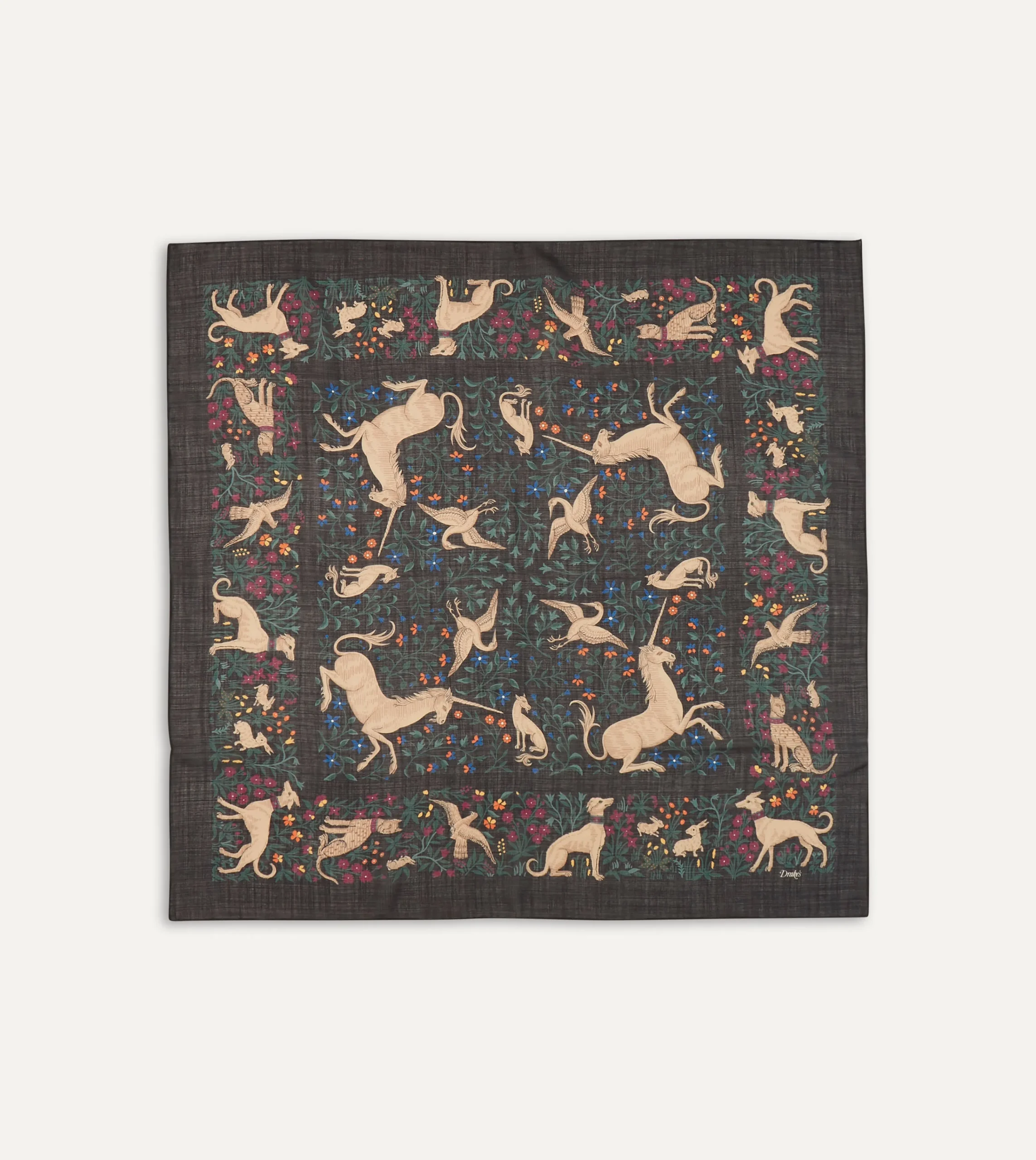 Drake’s Black Unicorn Print Wool-Silk Square Scarf