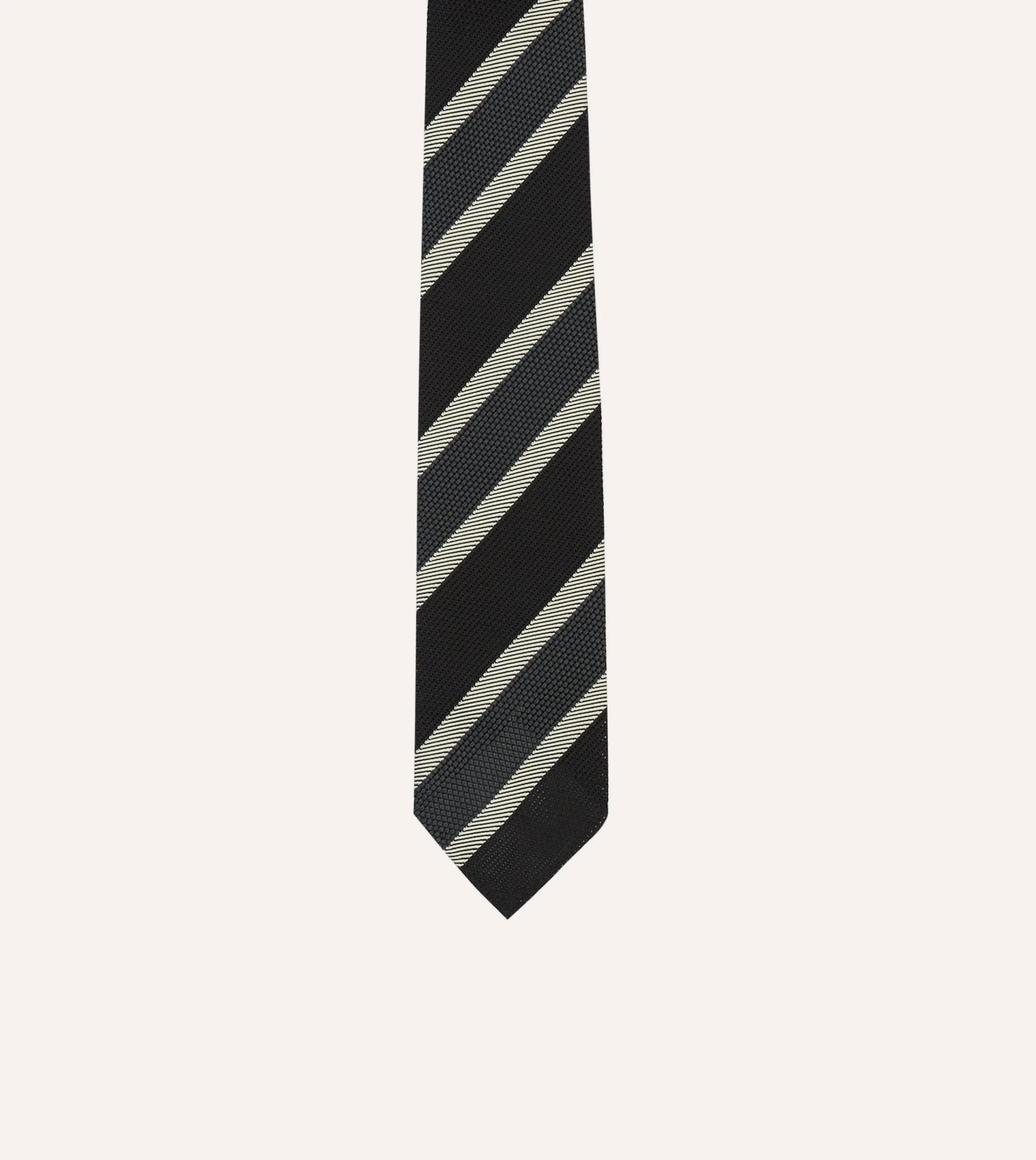 Drake’s Black, White And Grey Multi Stripe Hand Rolled Silk Grenadine Tie