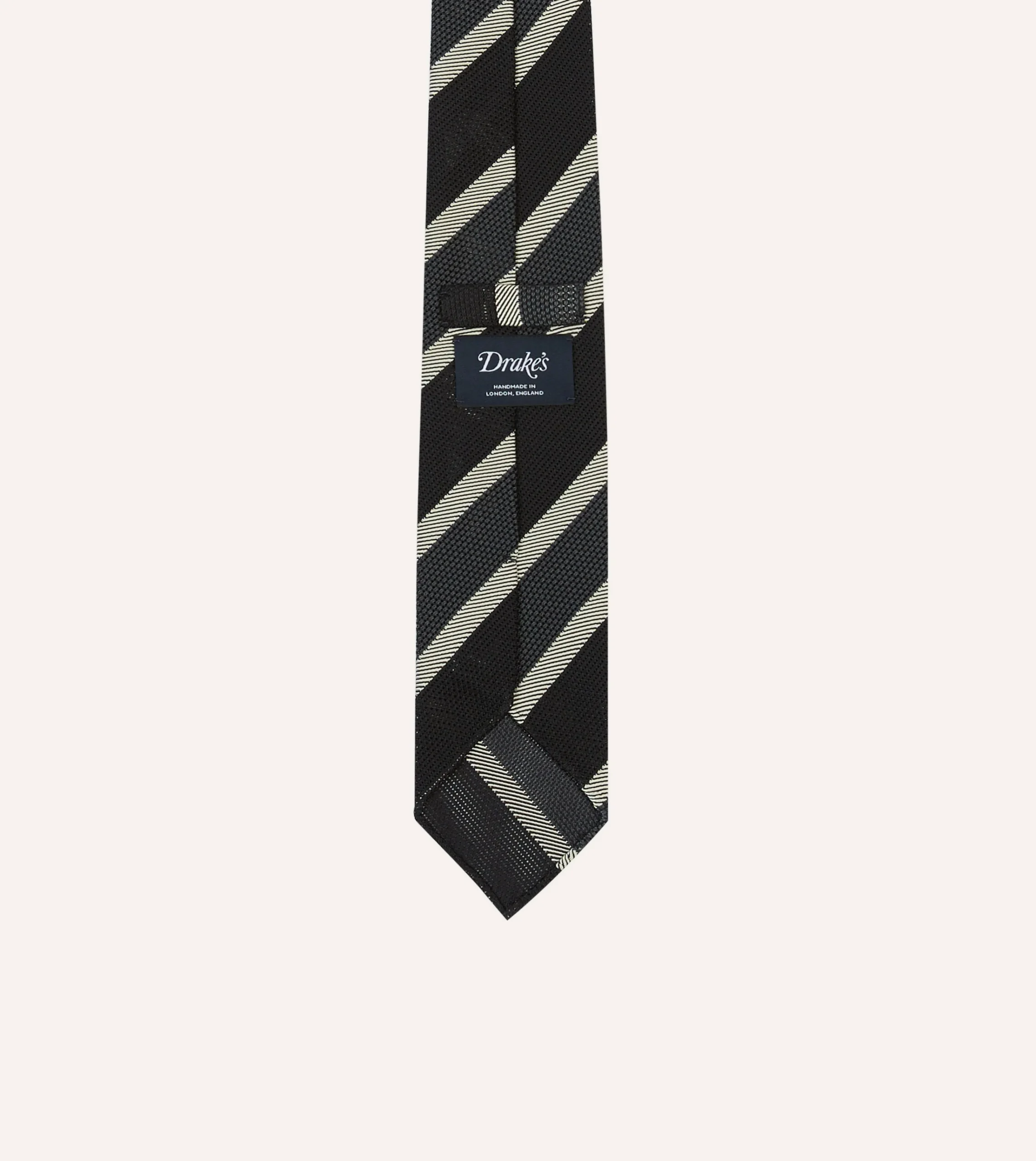 Drake’s Black, White And Grey Multi Stripe Hand Rolled Silk Grenadine Tie