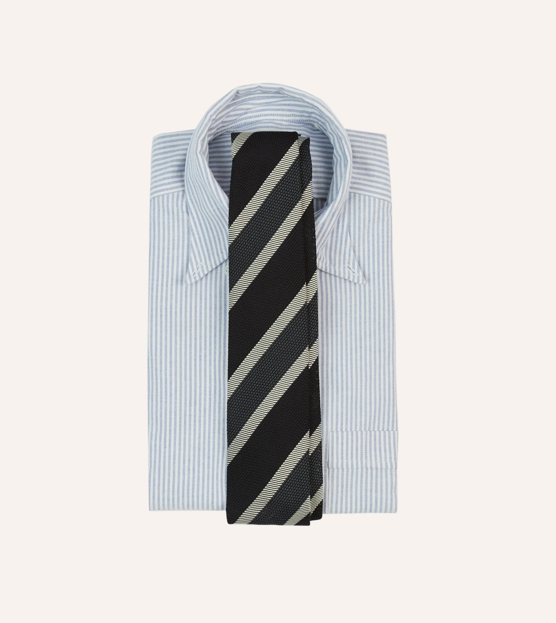 Drake’s Black, White And Grey Multi Stripe Hand Rolled Silk Grenadine Tie
