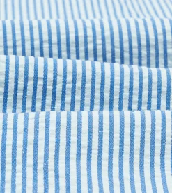 Drake’s Blue And White Stripe Cotton-Linen Seersucker Camp Collar Short Sleeve Shirt