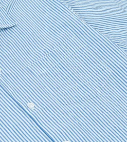 Drake’s Blue And White Stripe Cotton-Linen Seersucker Camp Collar Short Sleeve Shirt