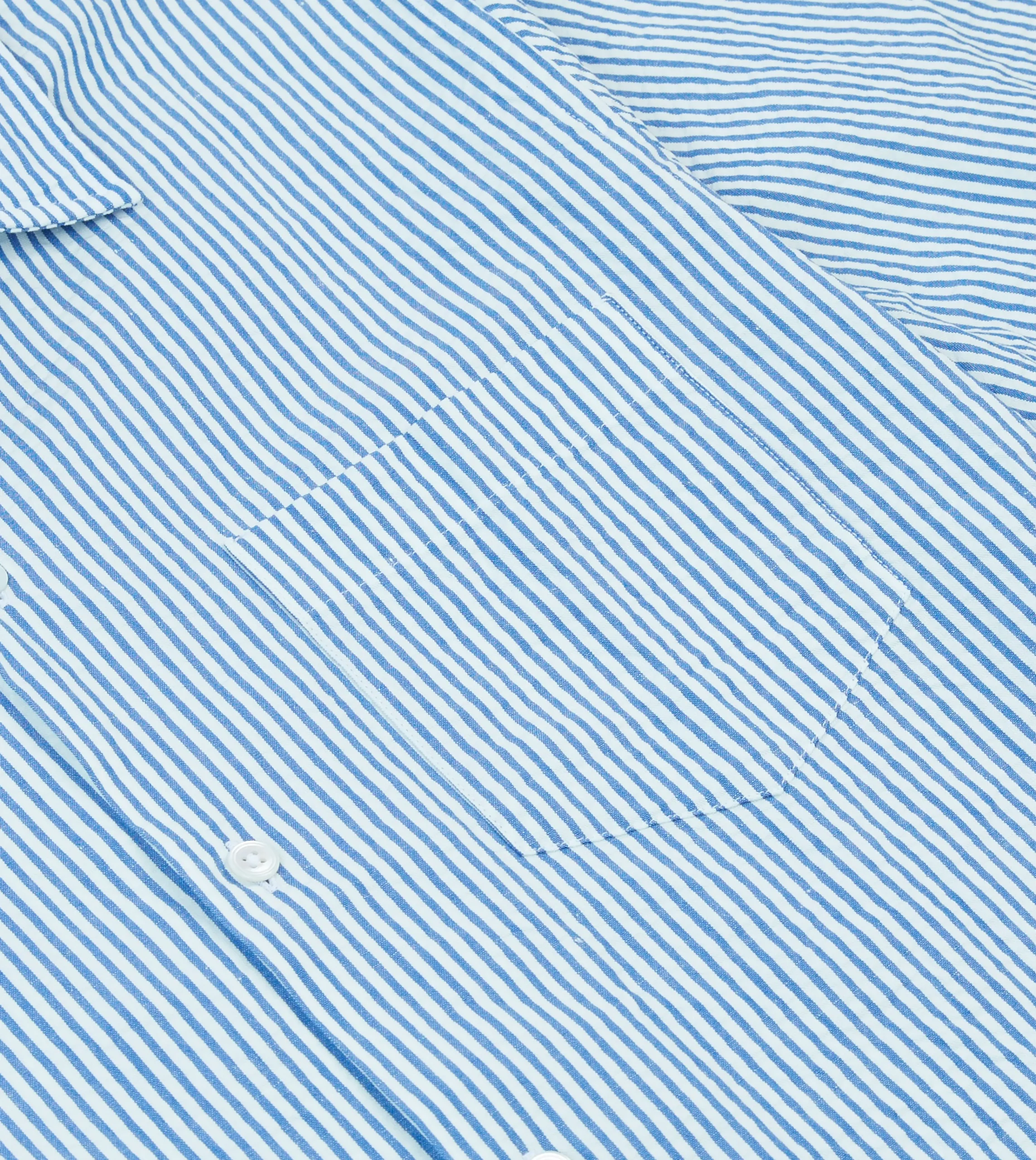 Drake’s Blue And White Stripe Cotton-Linen Seersucker Camp Collar Short Sleeve Shirt