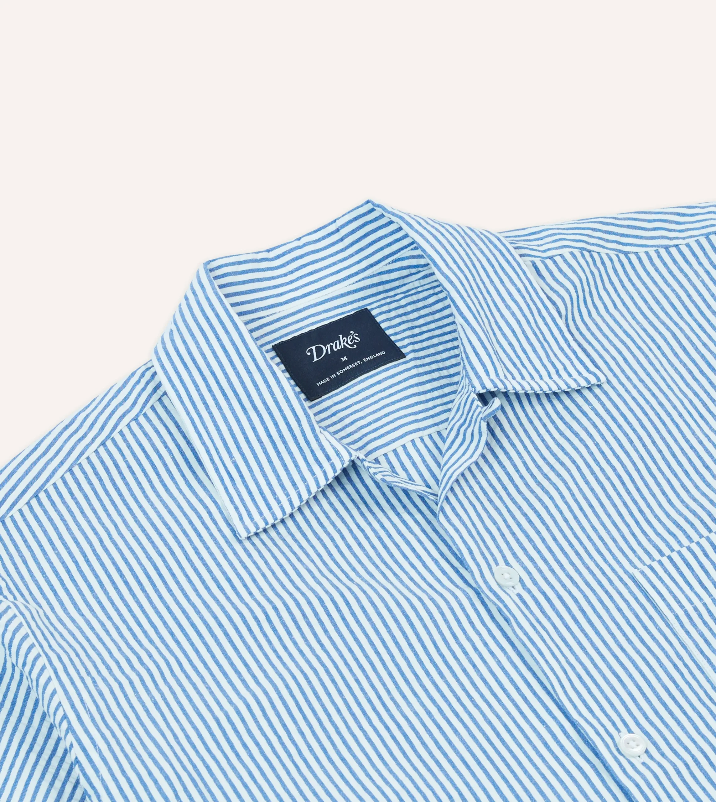 Drake’s Blue And White Stripe Cotton-Linen Seersucker Camp Collar Short Sleeve Shirt