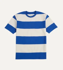 Drake’s Blue And White Wide Stripe Heavy Cotton Crew Neck Hiking T-Shirt