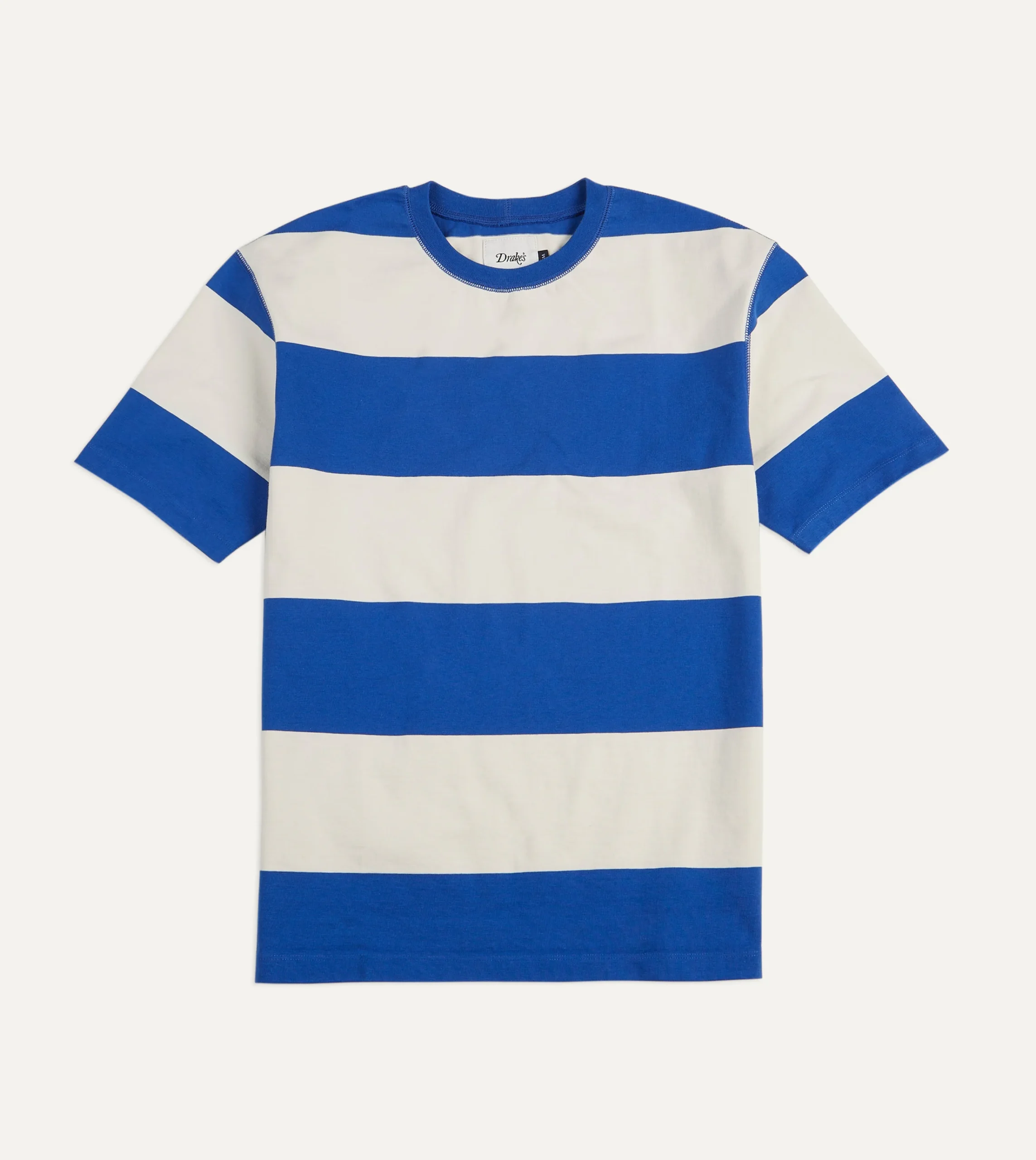 Drake’s Blue And White Wide Stripe Heavy Cotton Crew Neck Hiking T-Shirt