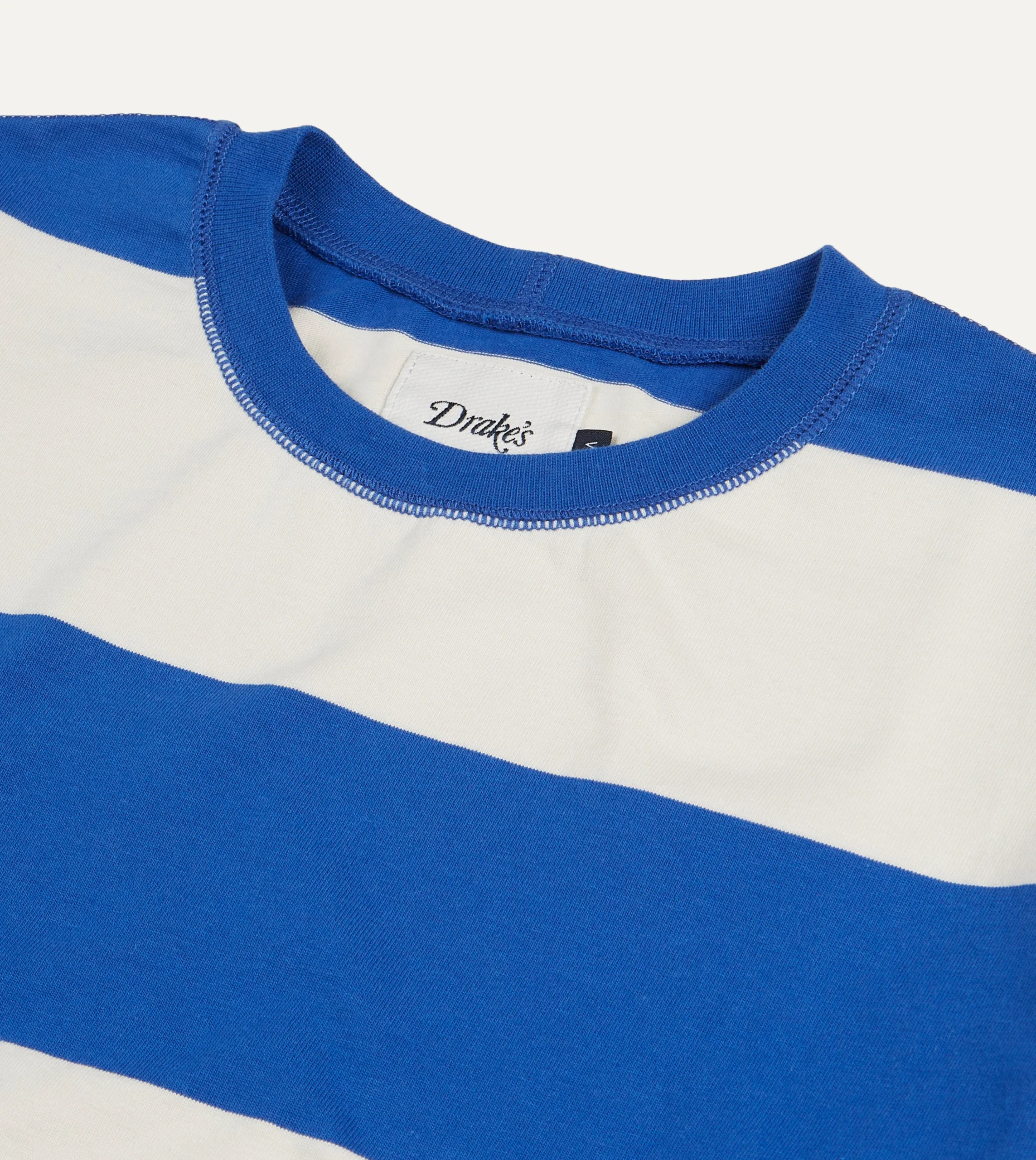 Drake’s Blue And White Wide Stripe Heavy Cotton Crew Neck Hiking T-Shirt