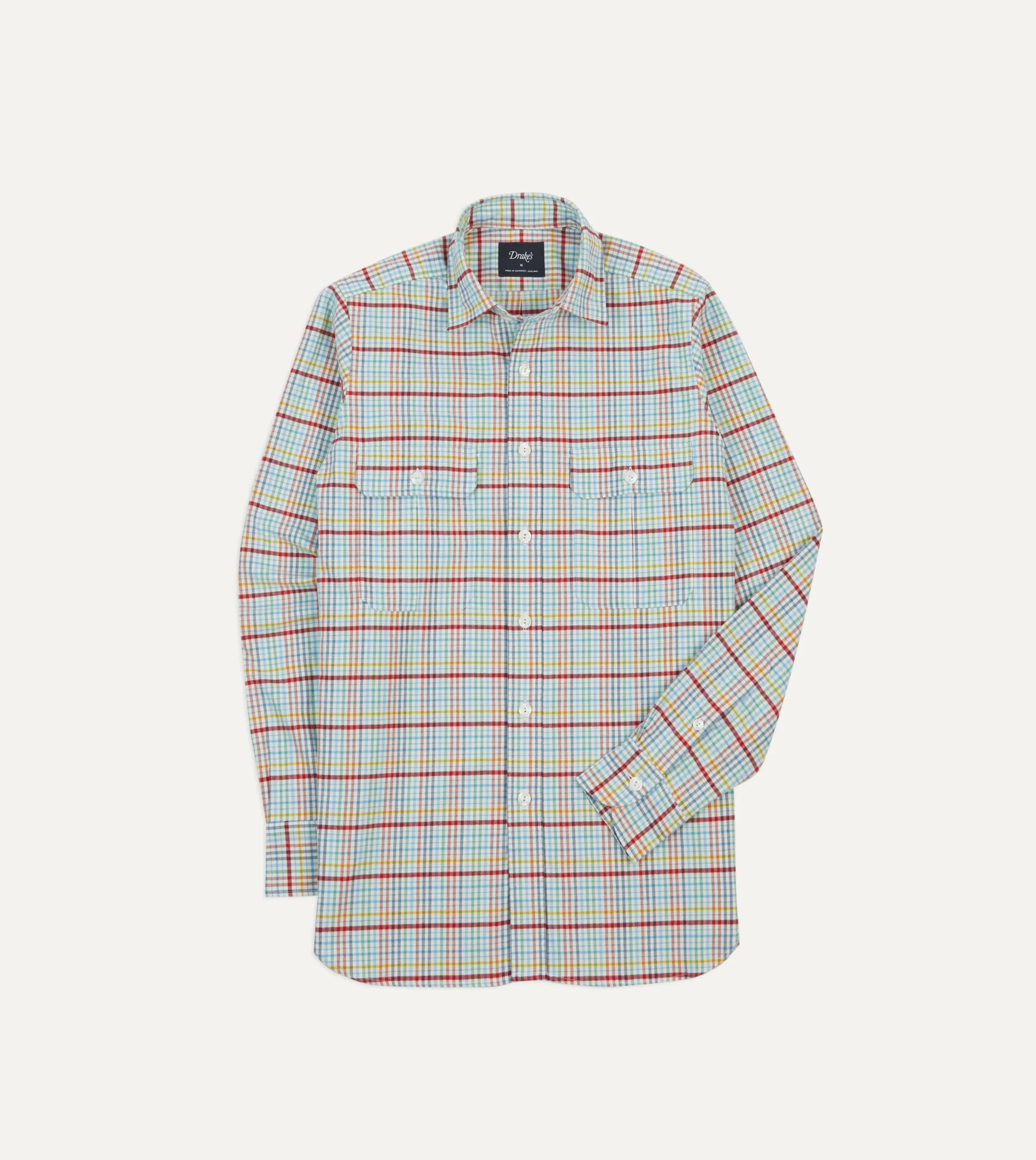 Drake’s Blue Brushed Tablecloth Check Cotton Two-Pocket Work Shirt