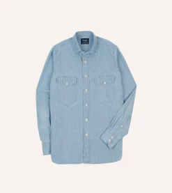 Drake’s Blue Cotton Chambray Two-Pocket Work Shirt
