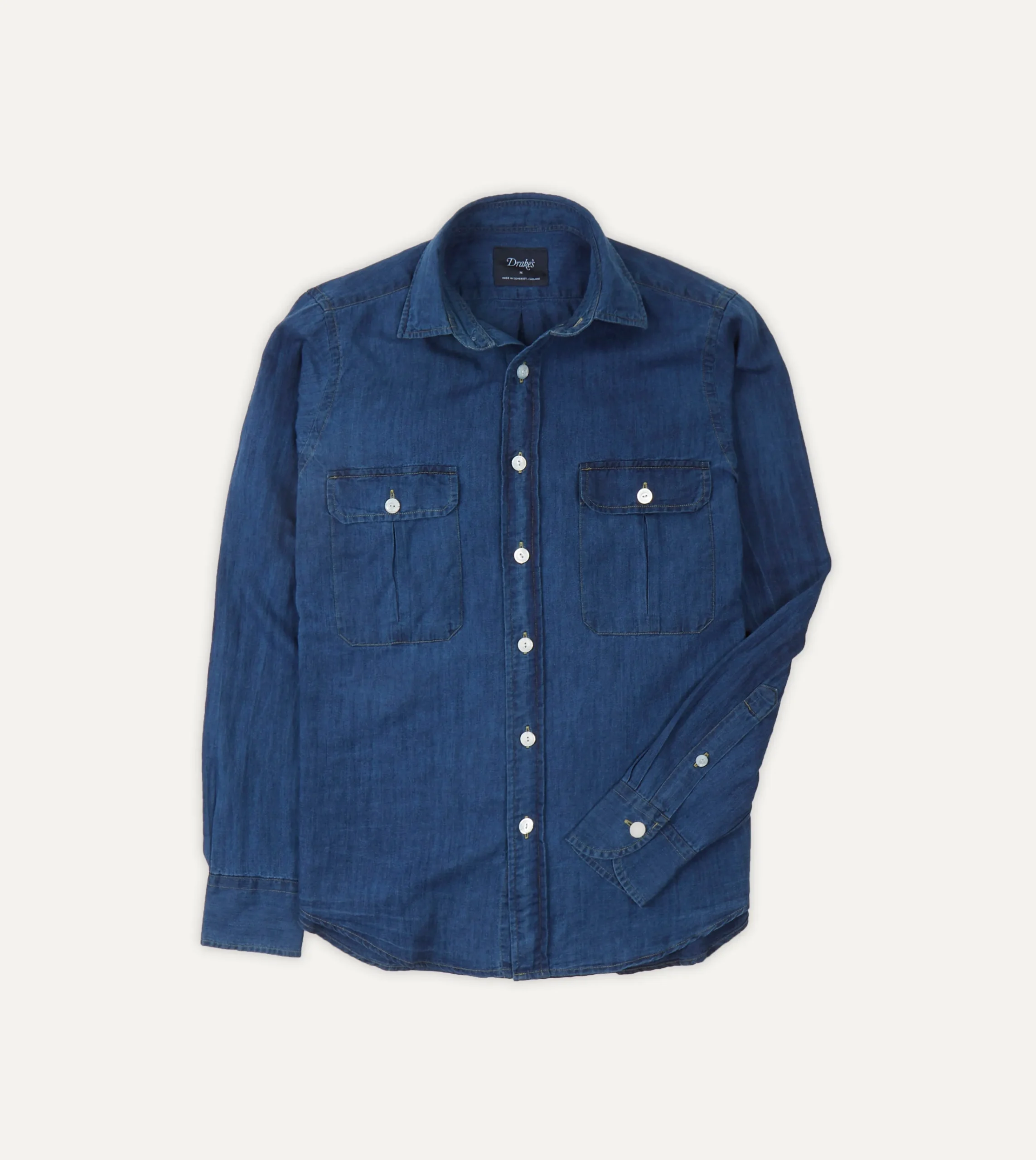 Drake’s Blue Cotton Linen Two-Pocket Work Shirt