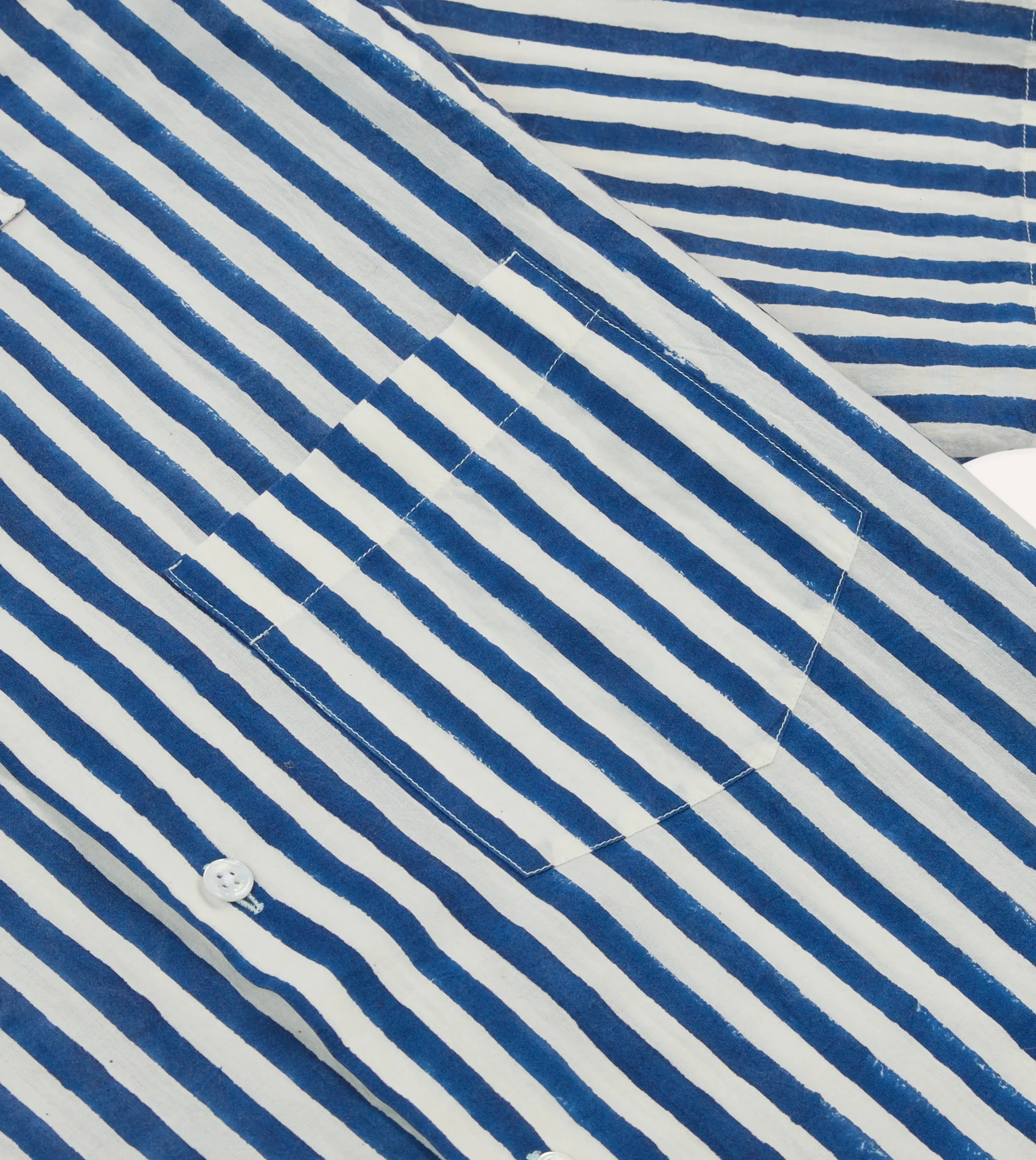 Drake’s Blue Stripe Block Print Cotton Camp Collar Short Sleeve Shirt