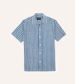 Drake’s Blue Stripe Block Print Cotton Camp Collar Short Sleeve Shirt