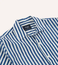 Drake’s Blue Stripe Block Print Cotton Camp Collar Short Sleeve Shirt
