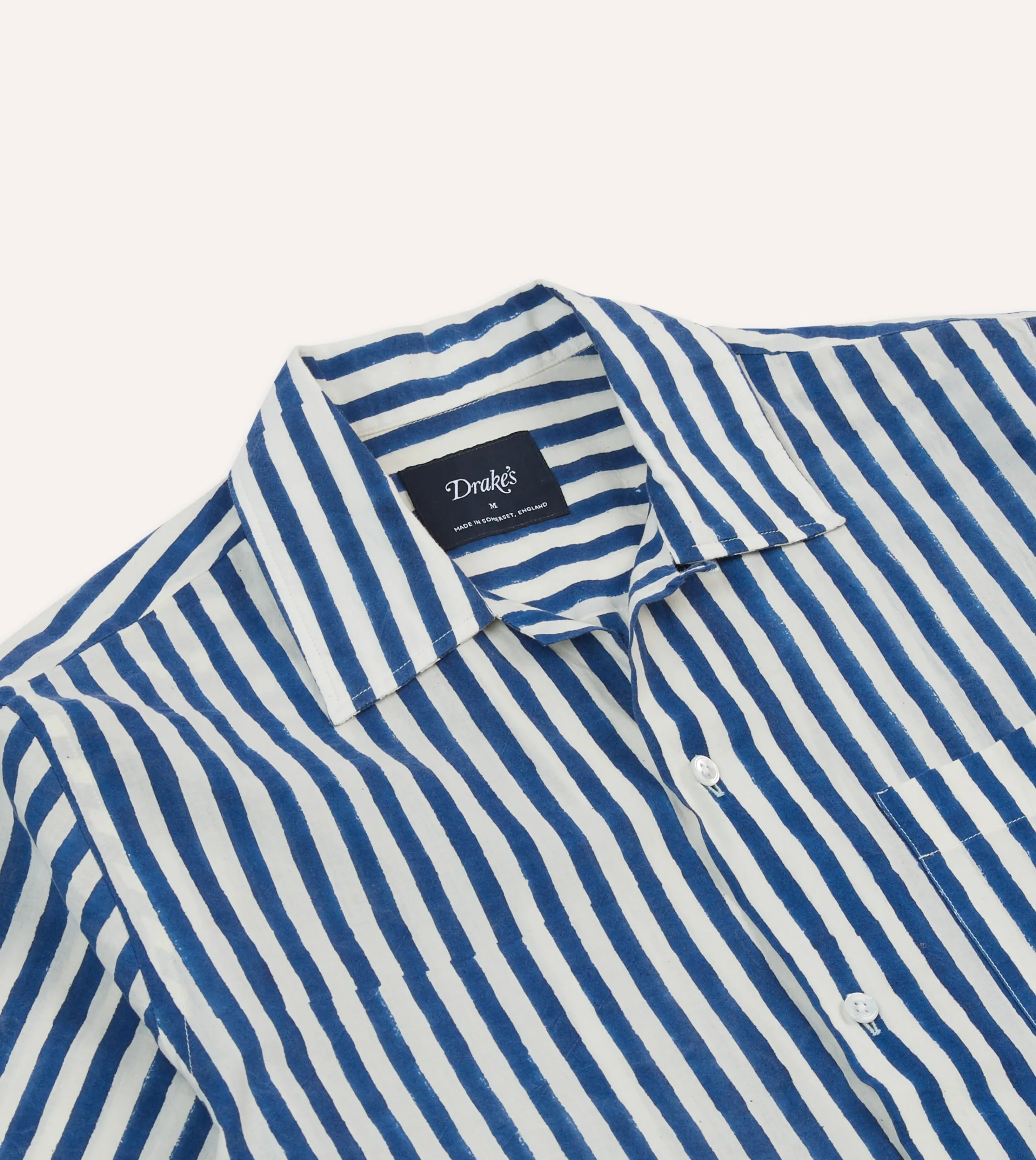 Drake’s Blue Stripe Block Print Cotton Camp Collar Short Sleeve Shirt