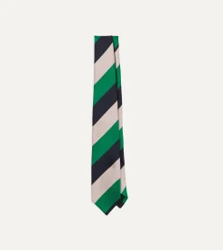 Drake’s Bright Green, Navy And White Stripe Tipped Repp Silk Tie