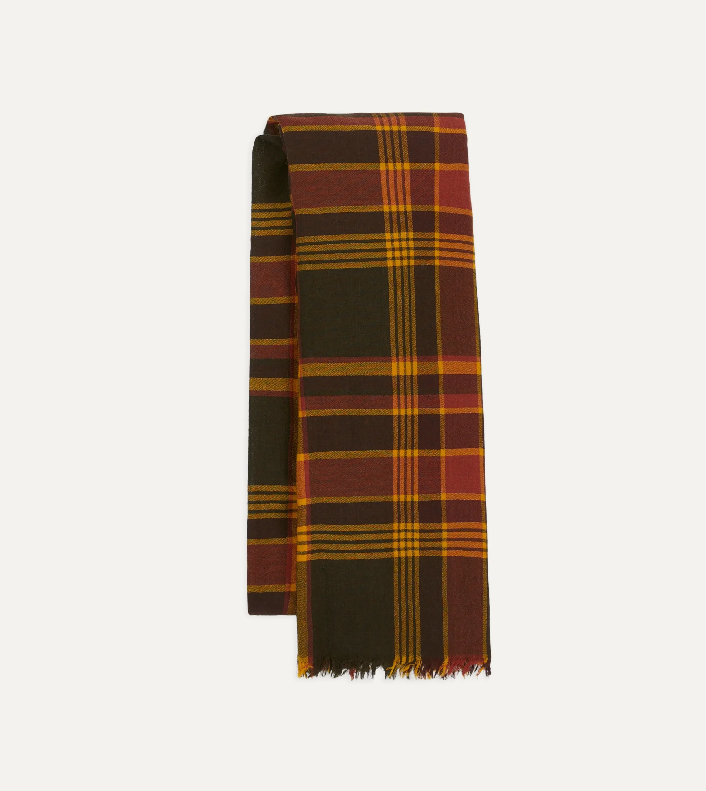 Drake’s Brown And Red Tartan Check Wool Scarf