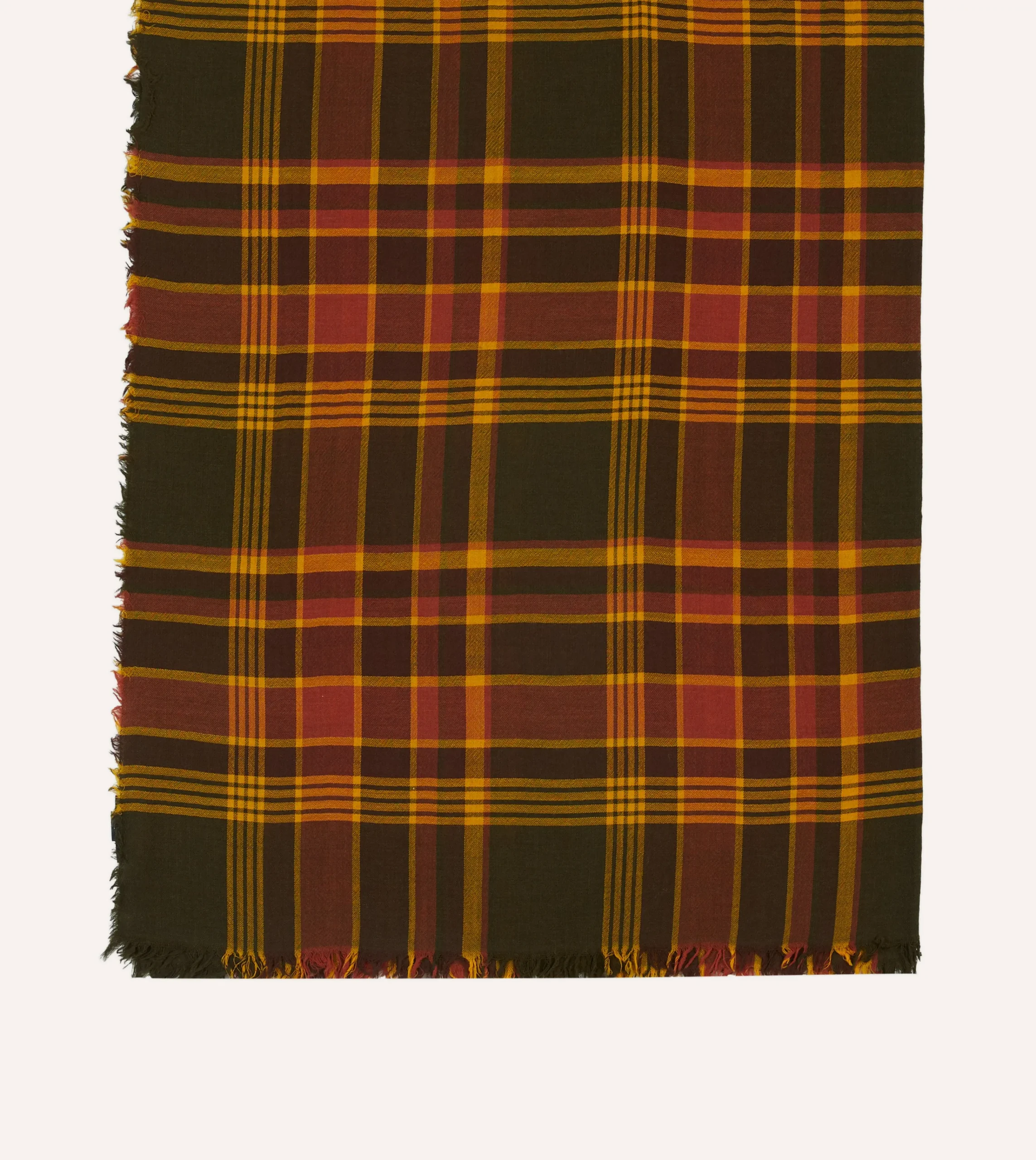 Drake’s Brown And Red Tartan Check Wool Scarf