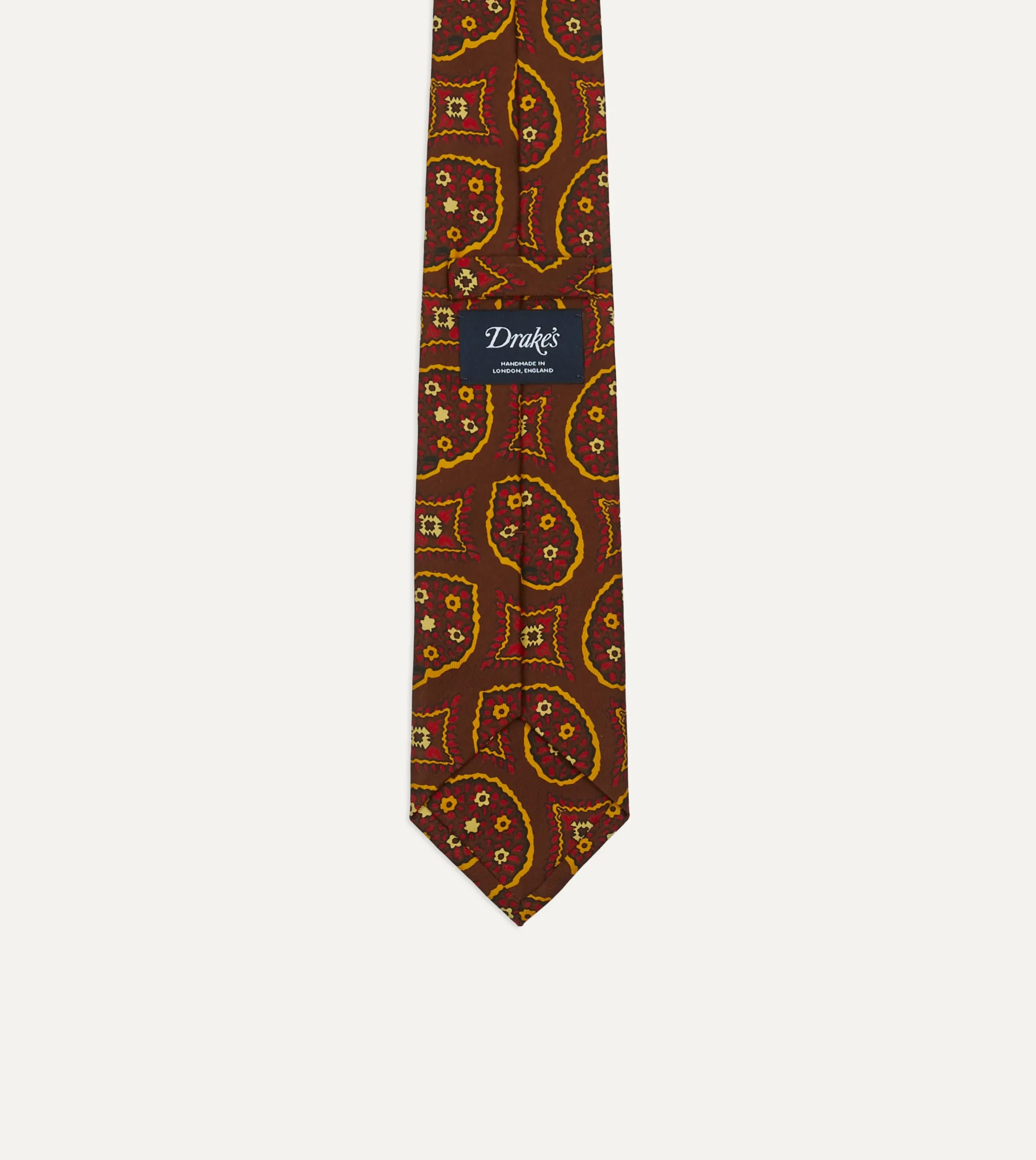 Drake’s Brown Exploded Paisley Print Silk Self Tipped Tie