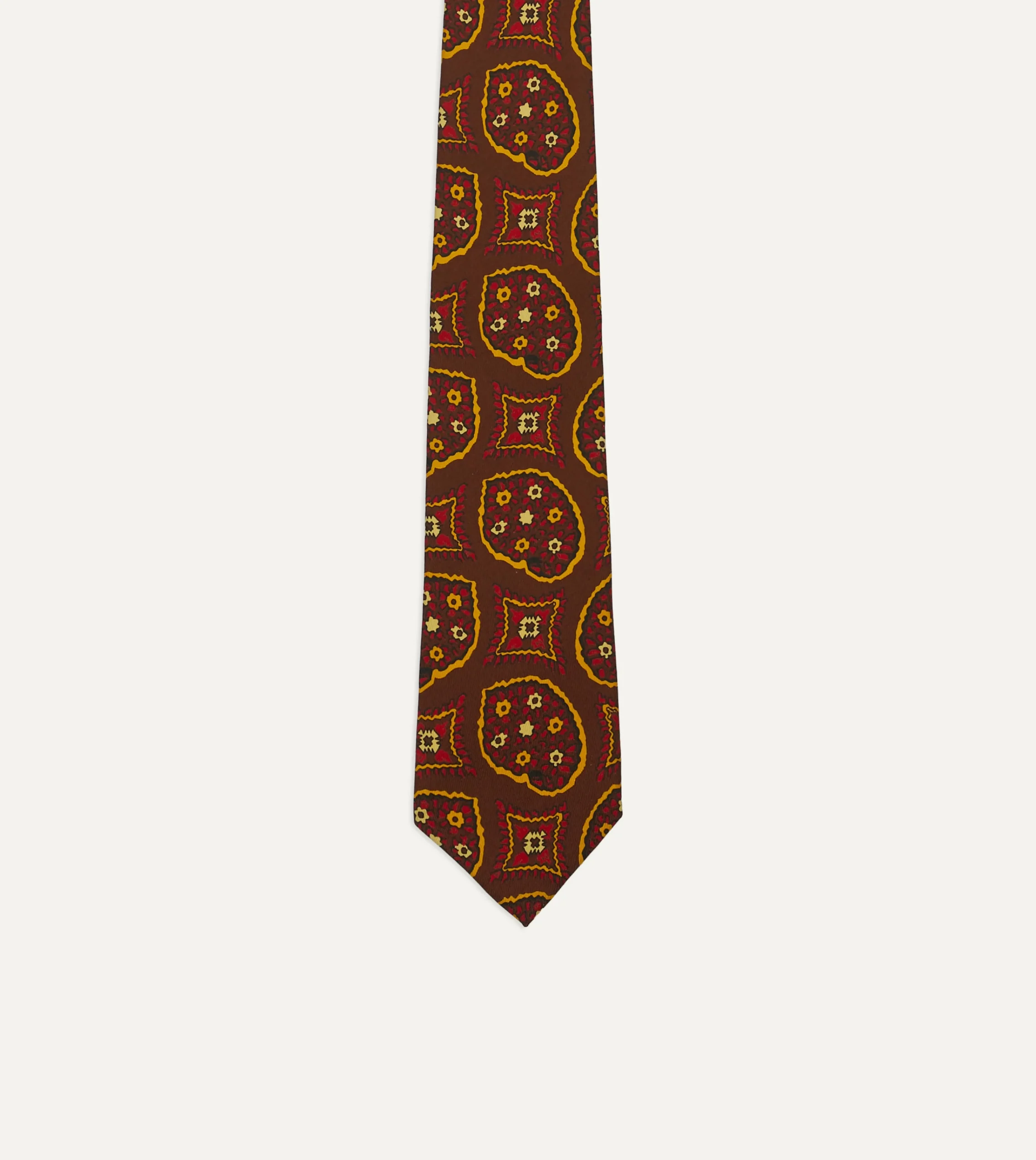 Drake’s Brown Exploded Paisley Print Silk Self Tipped Tie