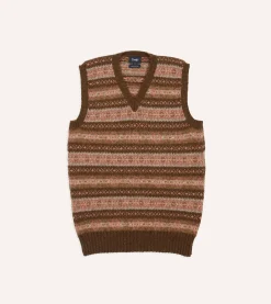 Drake’s Brown Fair Isle Lambswool Sleeveless V-Neck Jumper