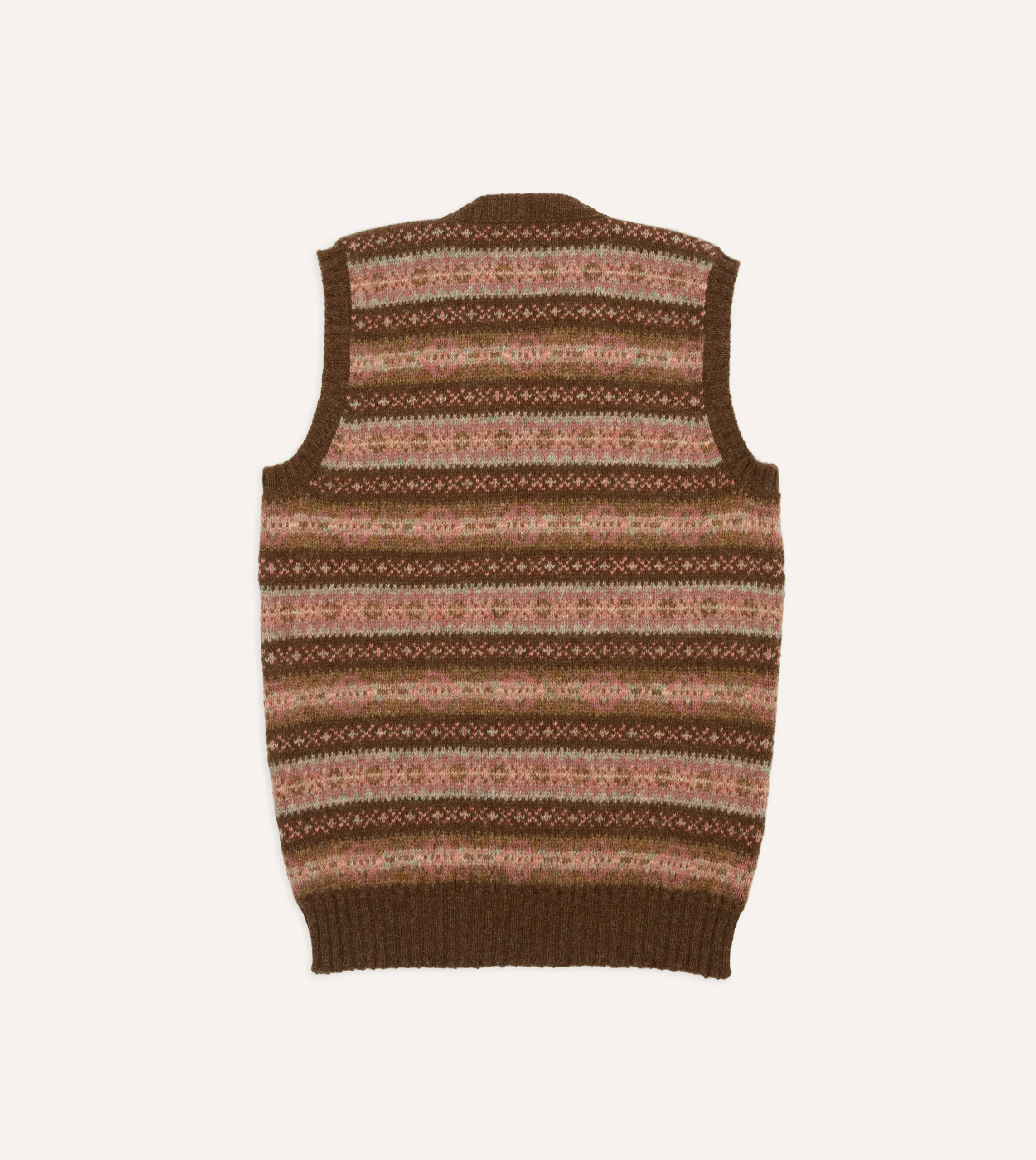 Drake’s Brown Fair Isle Lambswool Sleeveless V-Neck Jumper
