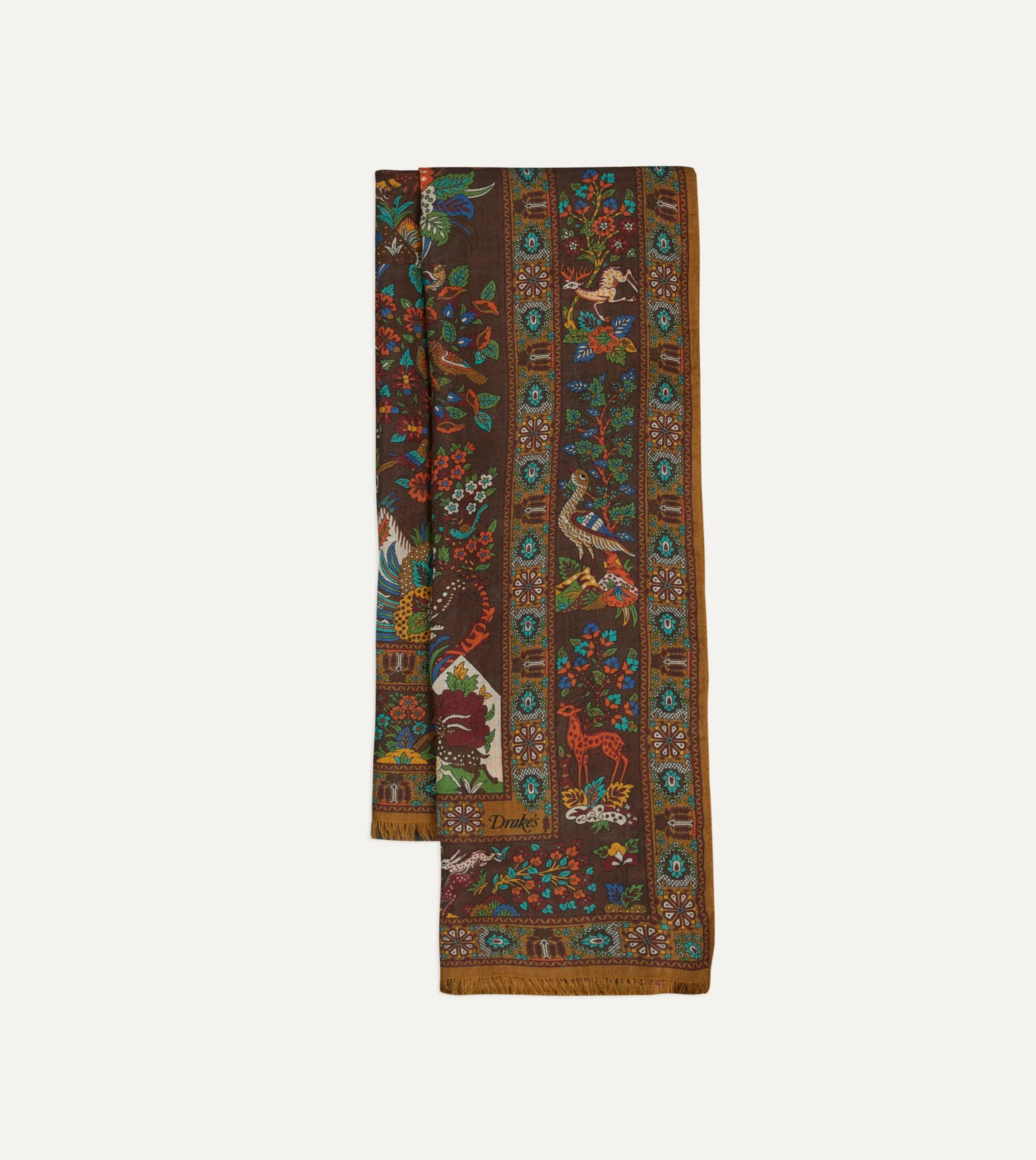 Drake’s Brown Forest Animals Print Wool-Silk Scarf