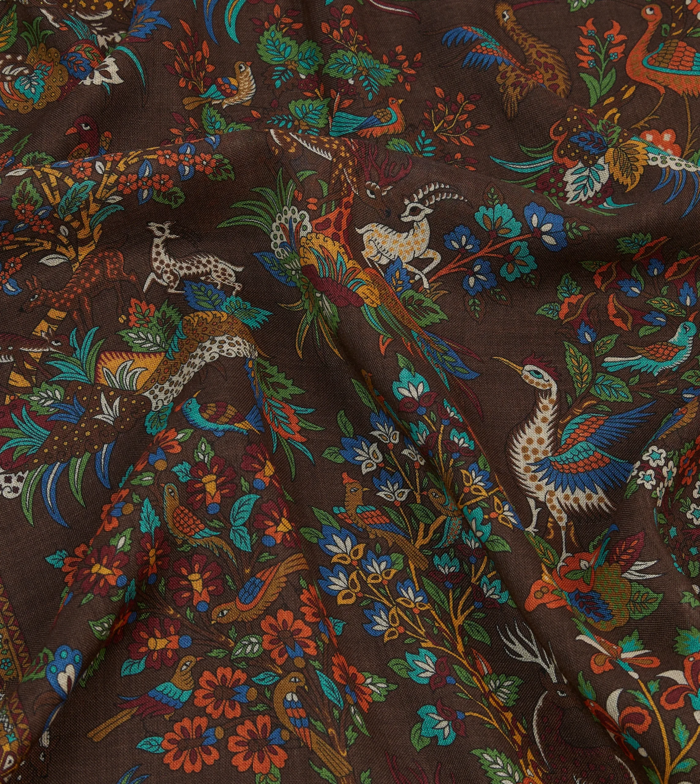 Drake’s Brown Forest Animals Print Wool-Silk Scarf