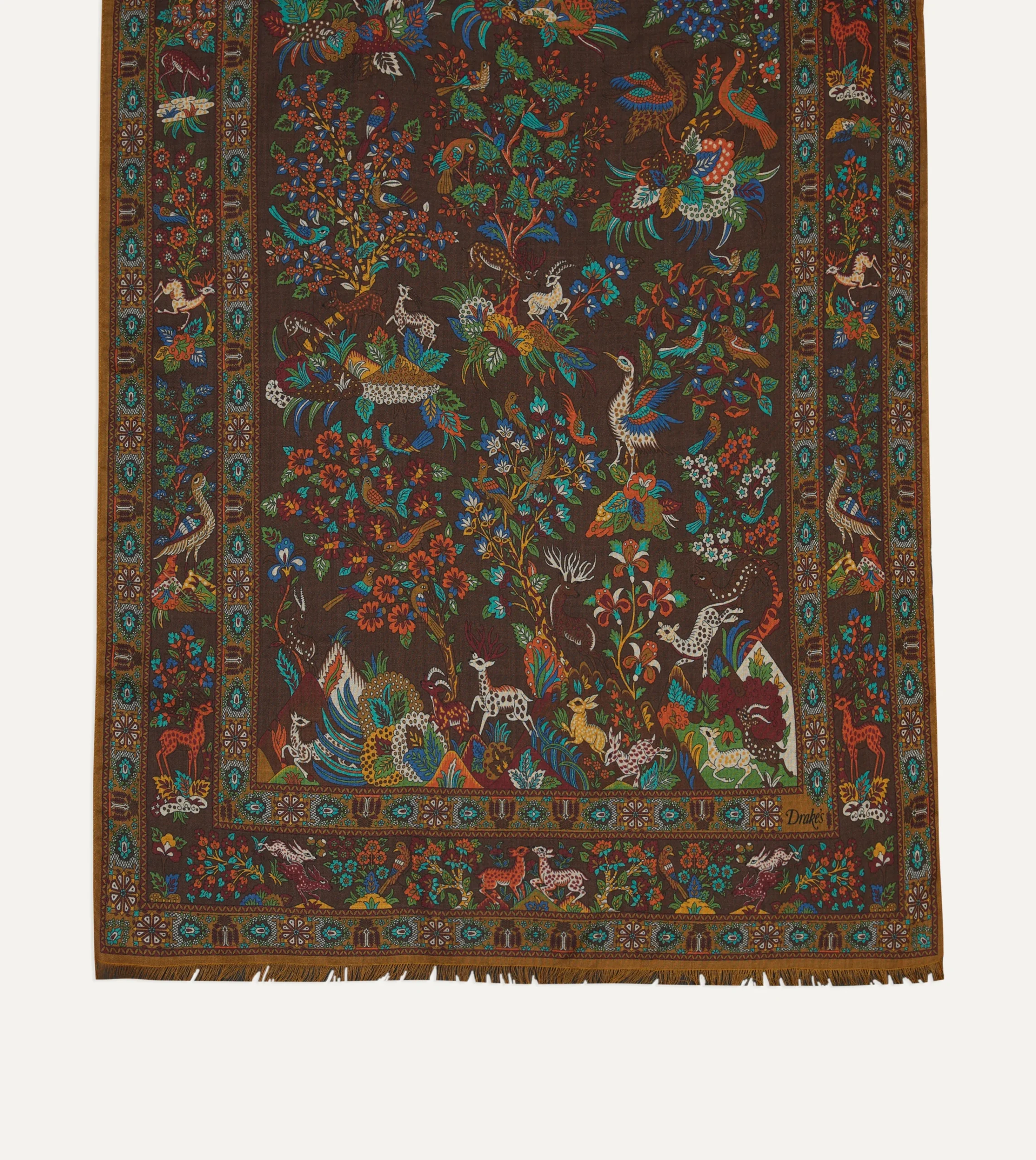 Drake’s Brown Forest Animals Print Wool-Silk Scarf