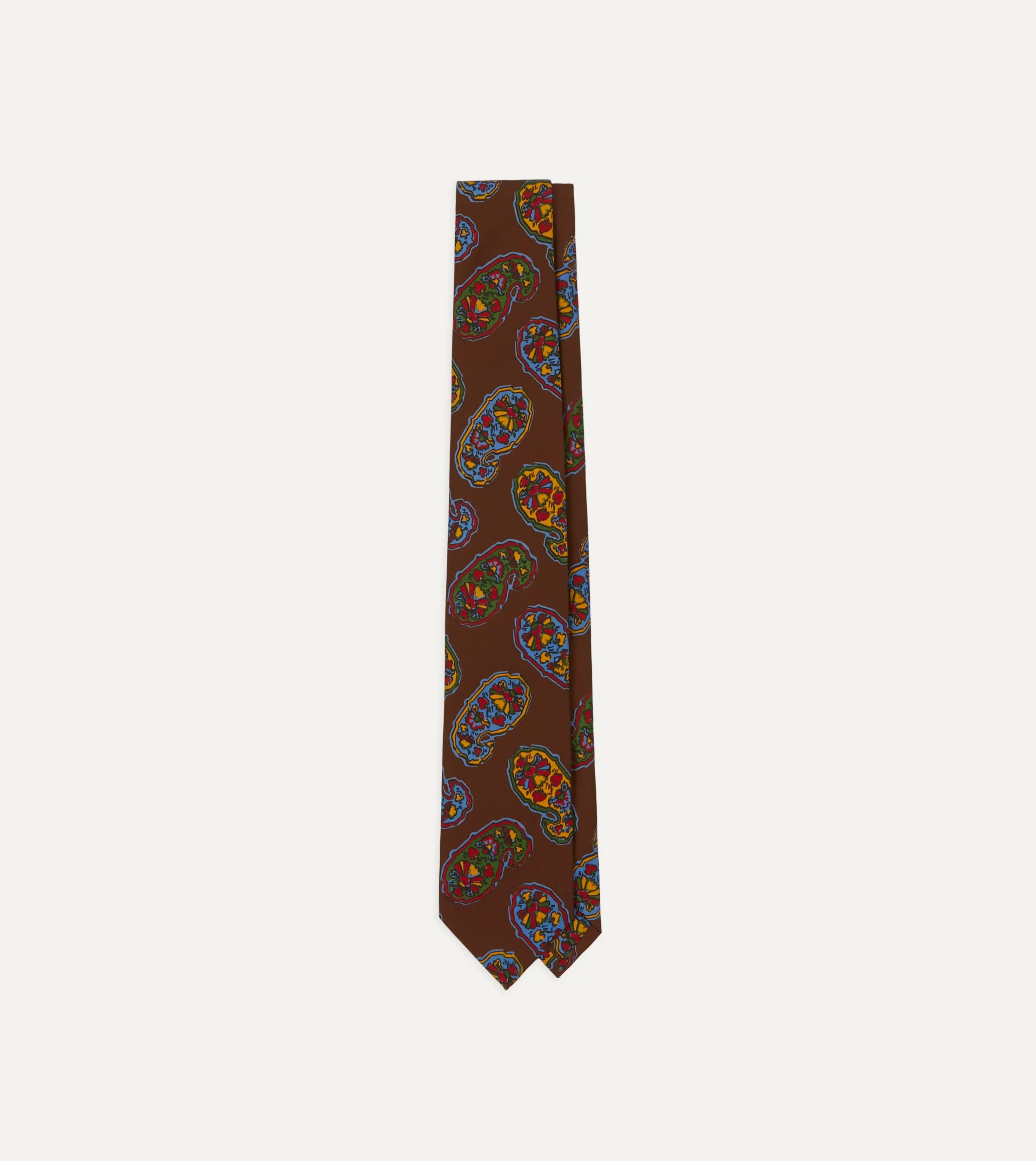 Drake’s Brown Large Paisley Print Silk Self Tipped Tie