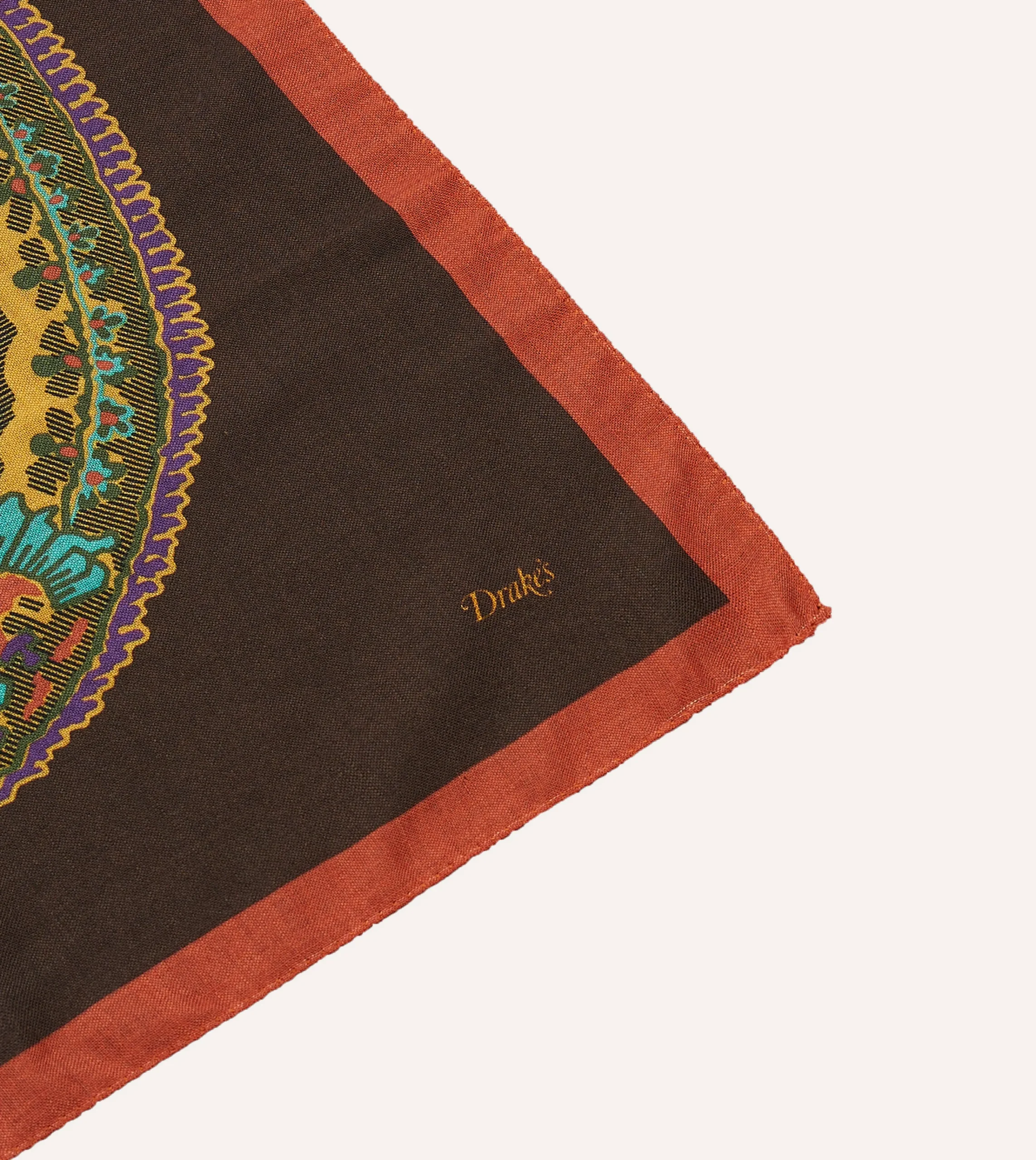 Drake’s Brown Large Paisley Print Wool-Silk Bandana