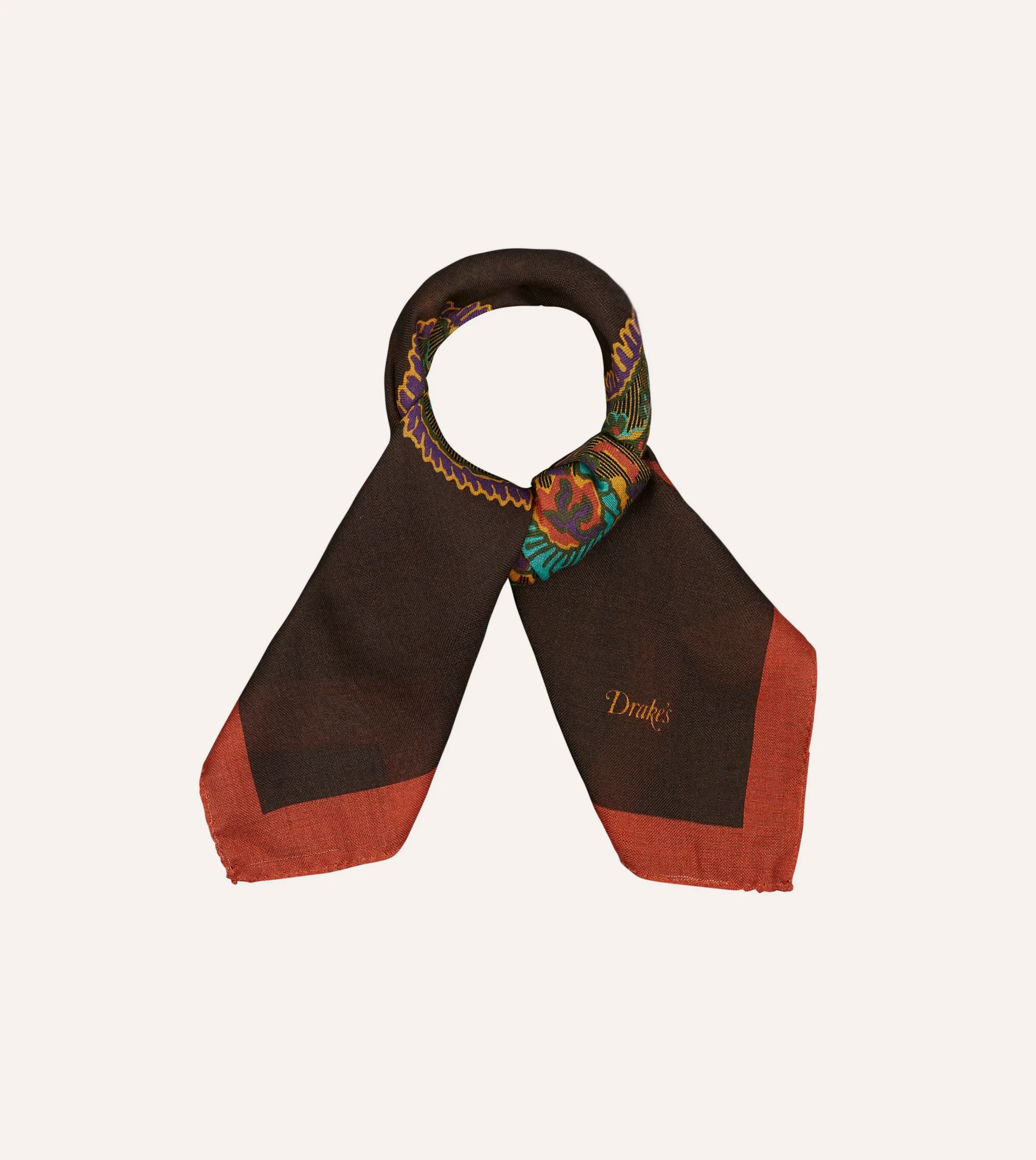 Drake’s Brown Large Paisley Print Wool-Silk Bandana
