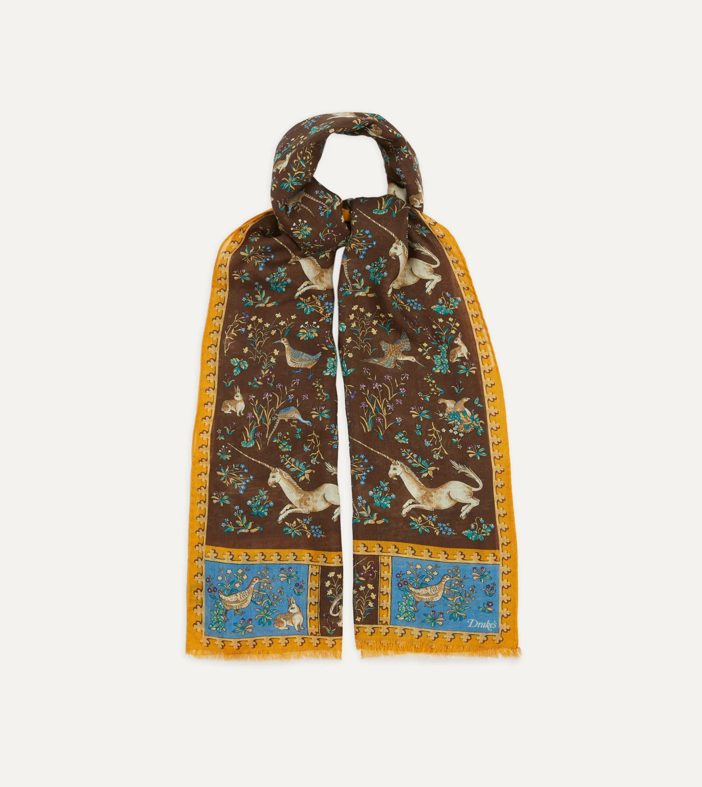 Drake’s Brown Unicorn Print Wool-Silk Scarf