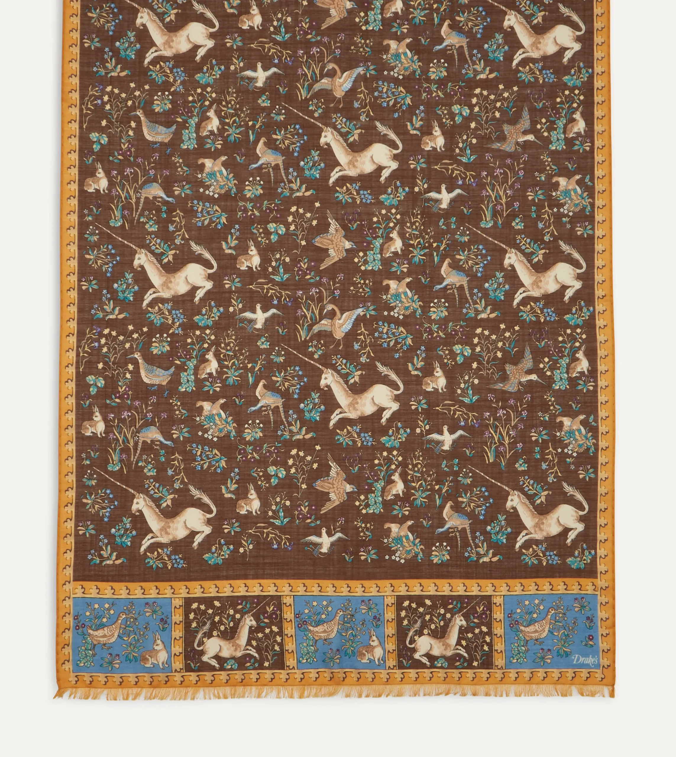 Drake’s Brown Unicorn Print Wool-Silk Scarf
