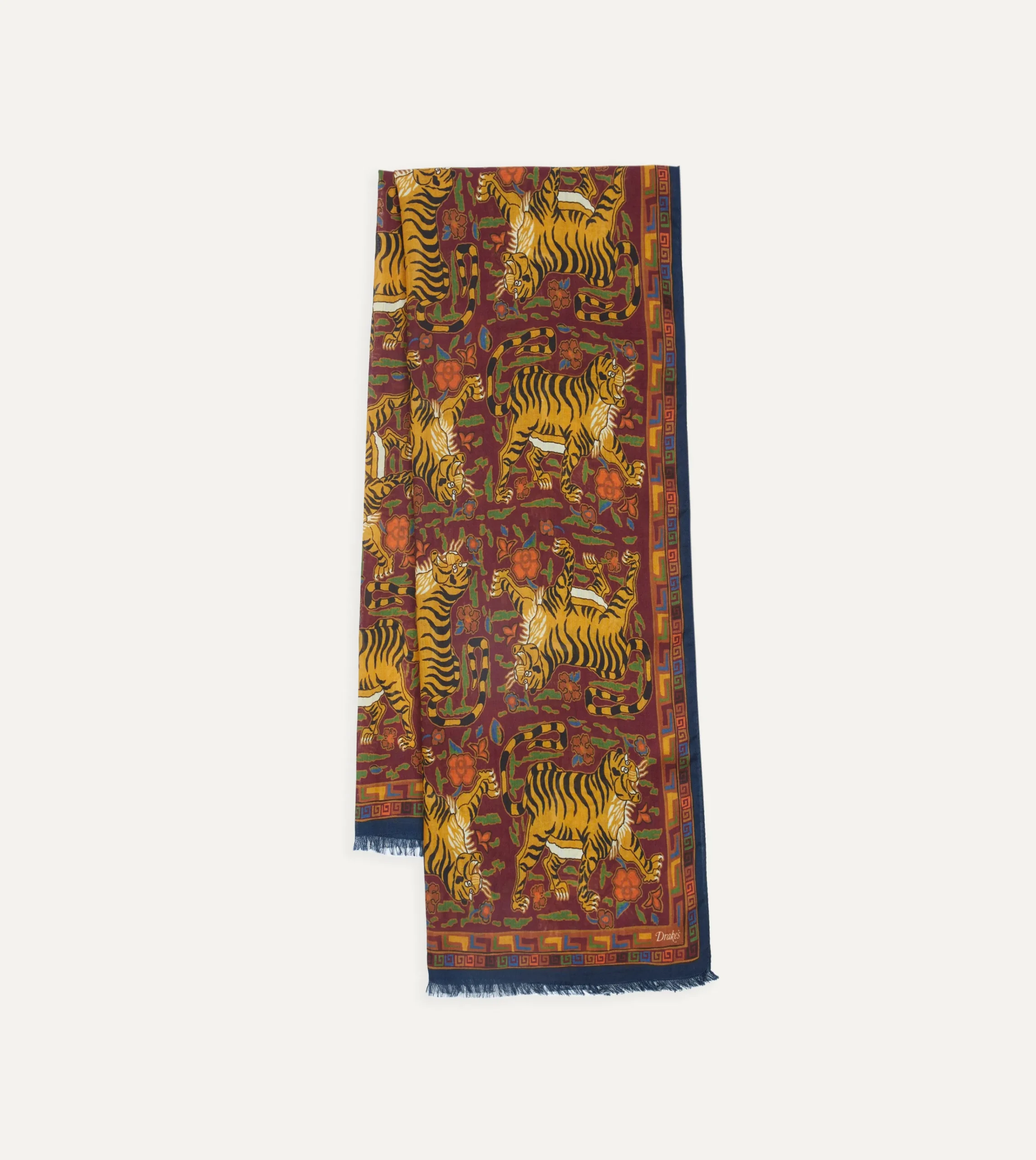 Drake’s Burgundy Jumbo Tiger Print Wool-Silk Scarf