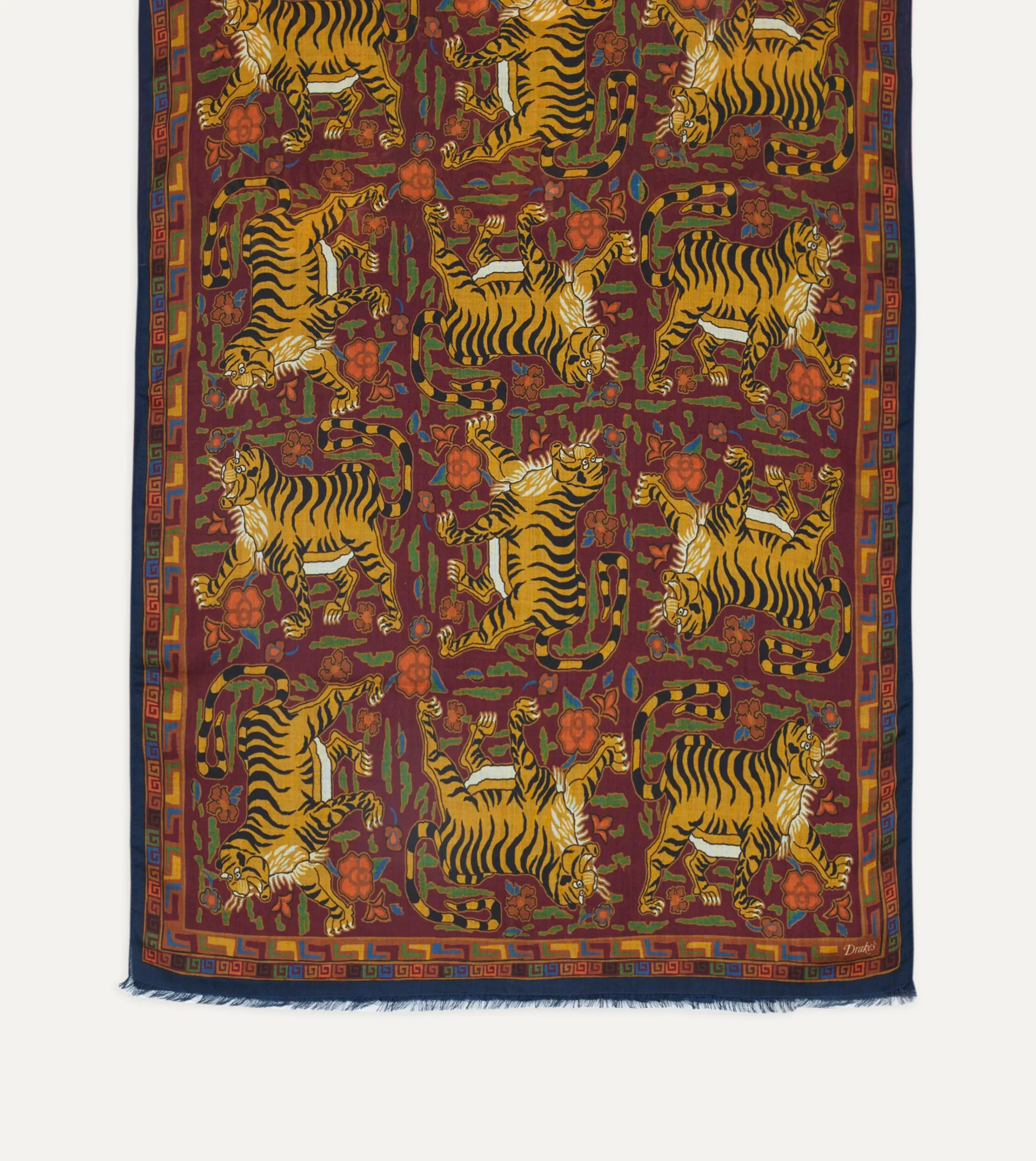 Drake’s Burgundy Jumbo Tiger Print Wool-Silk Scarf