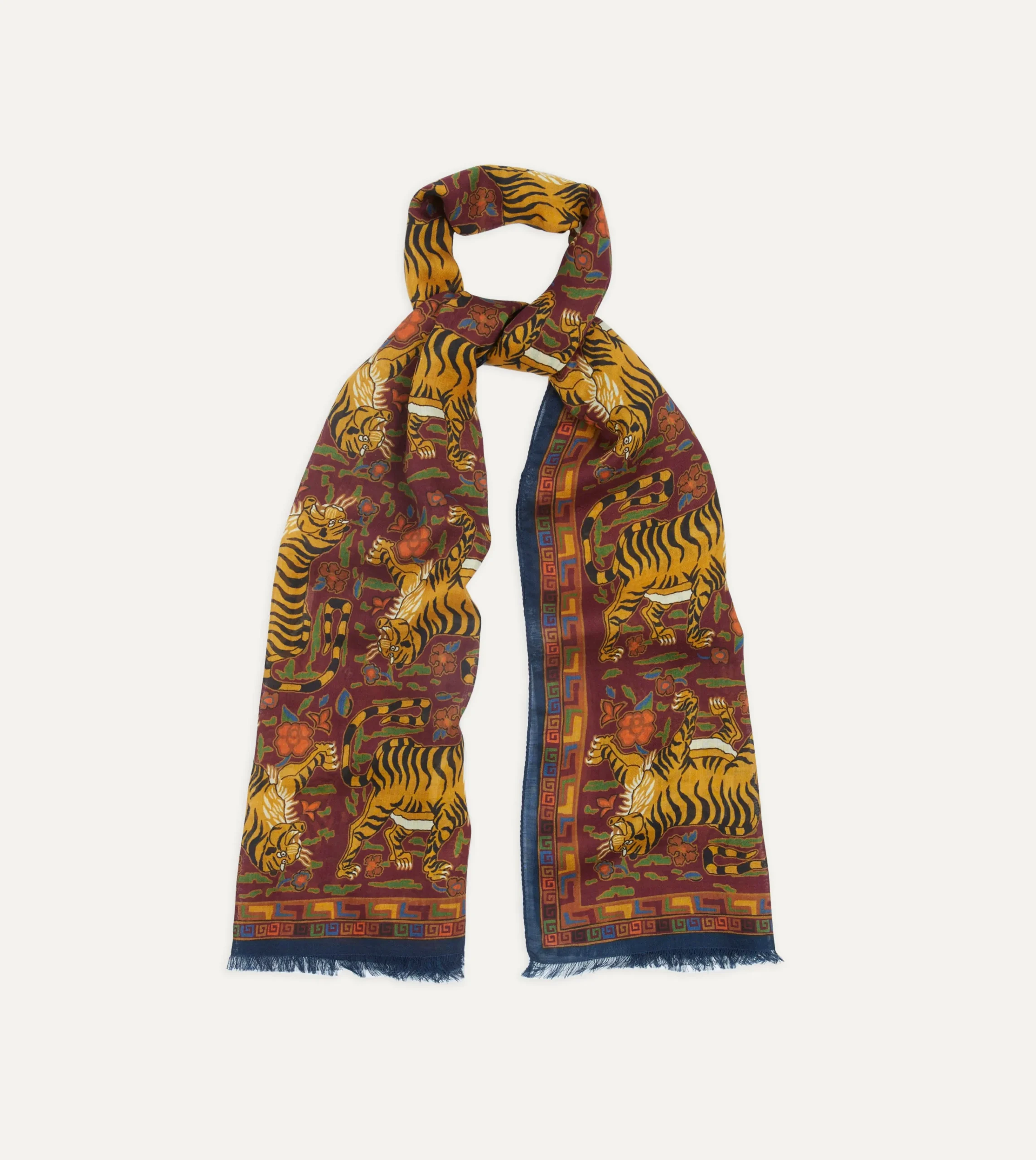 Drake’s Burgundy Jumbo Tiger Print Wool-Silk Scarf