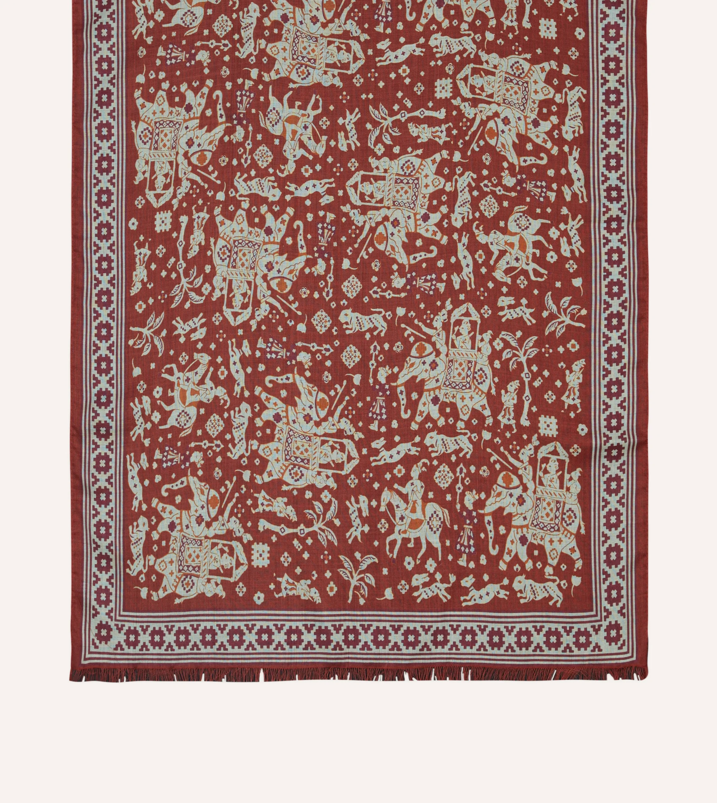 Drake’s Burgundy Mughal Elephants Print Wool-Silk Scarf