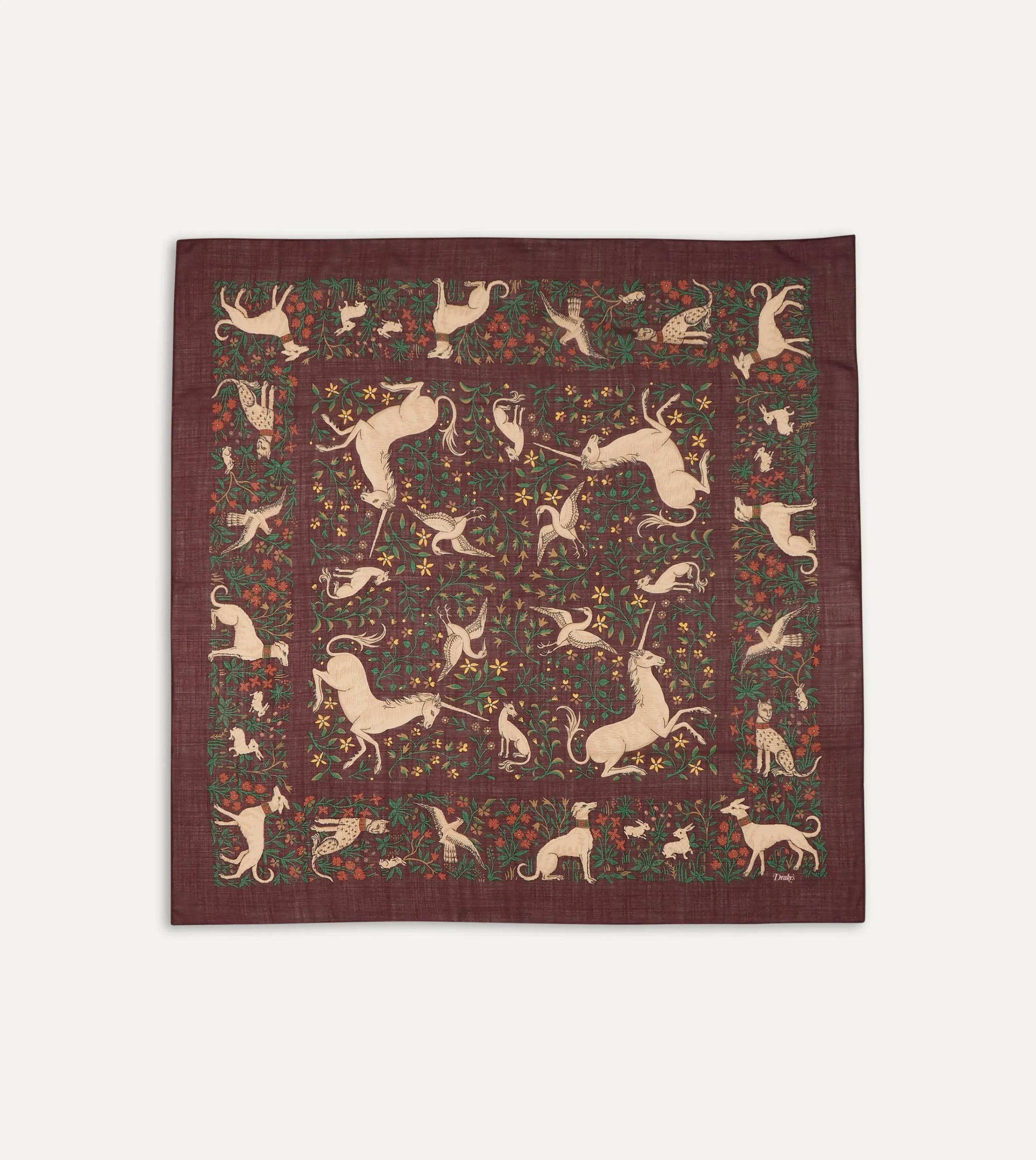 Drake’s Burgundy Unicorn Print Wool-Silk Square Scarf