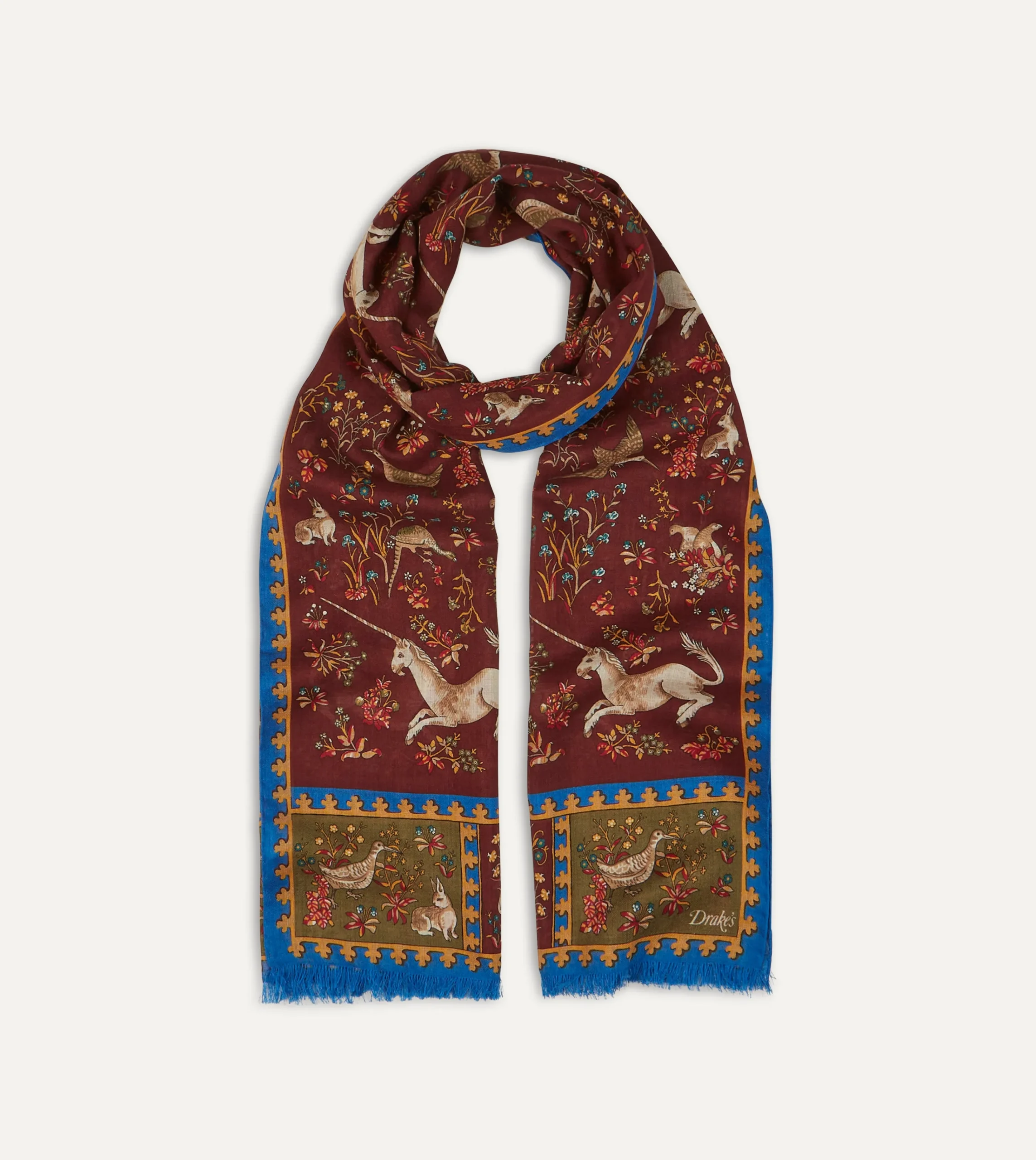 Drake’s Burgundy Unicorn Print Wool-Silk Scarf