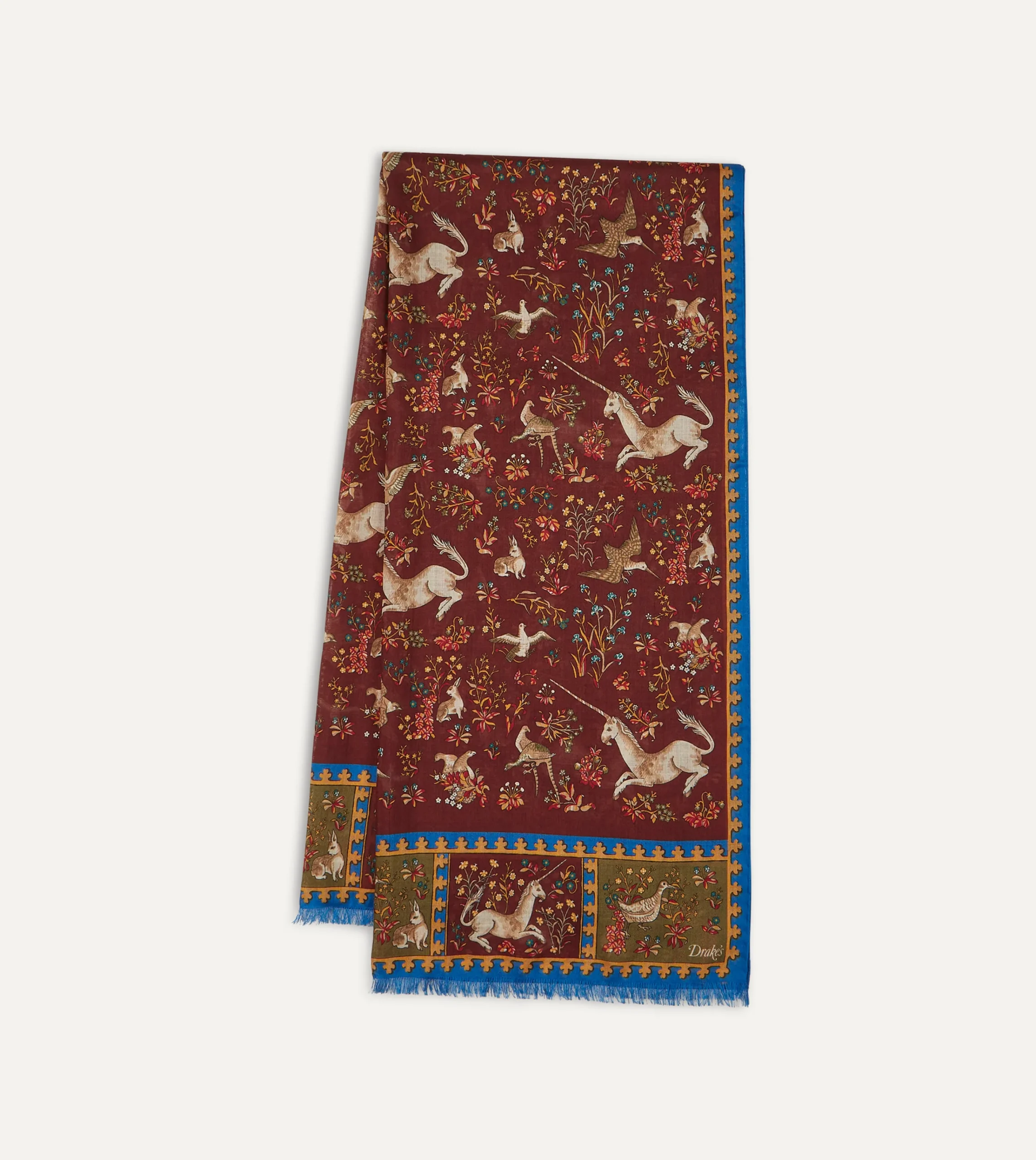 Drake’s Burgundy Unicorn Print Wool-Silk Scarf