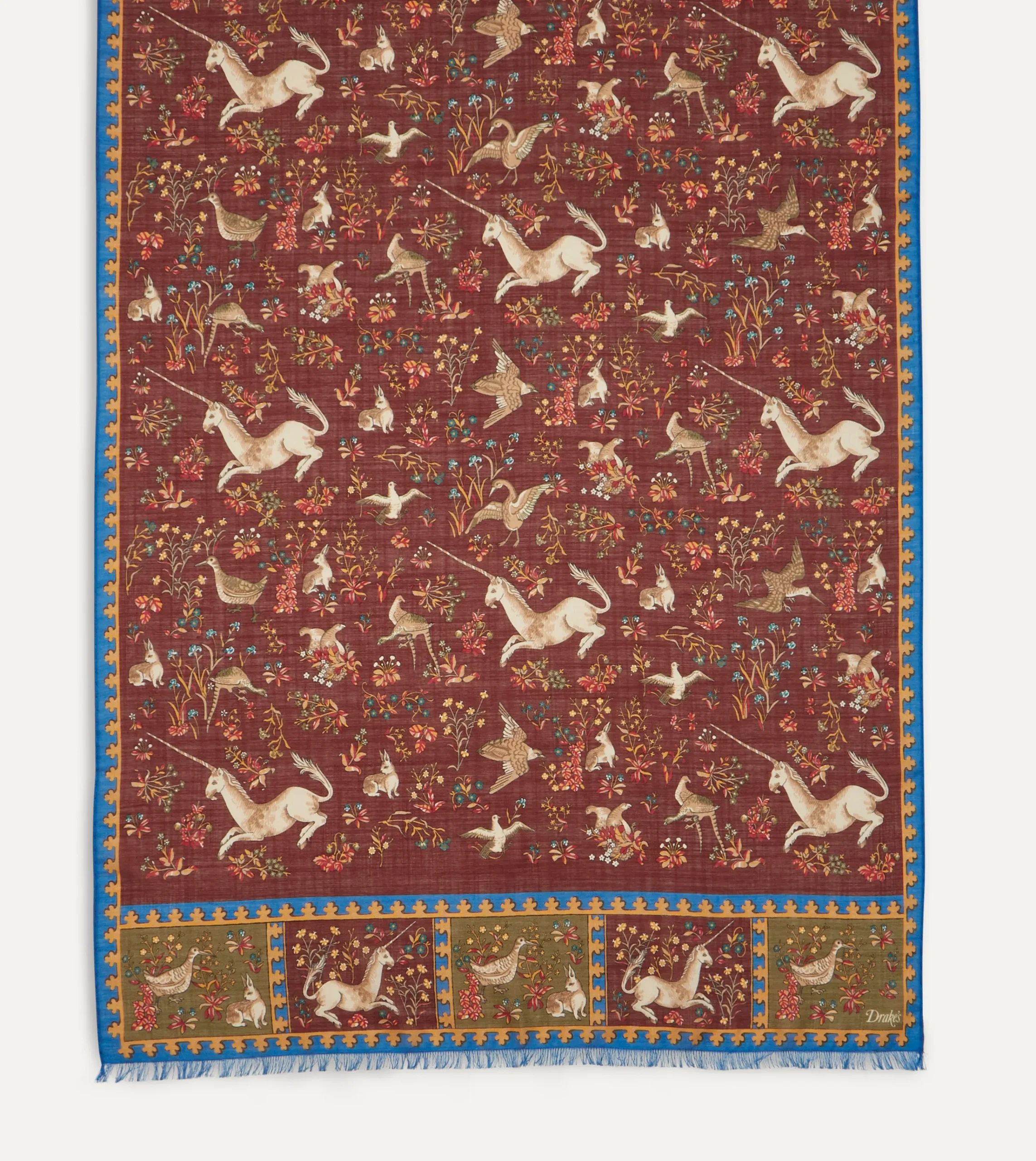Drake’s Burgundy Unicorn Print Wool-Silk Scarf