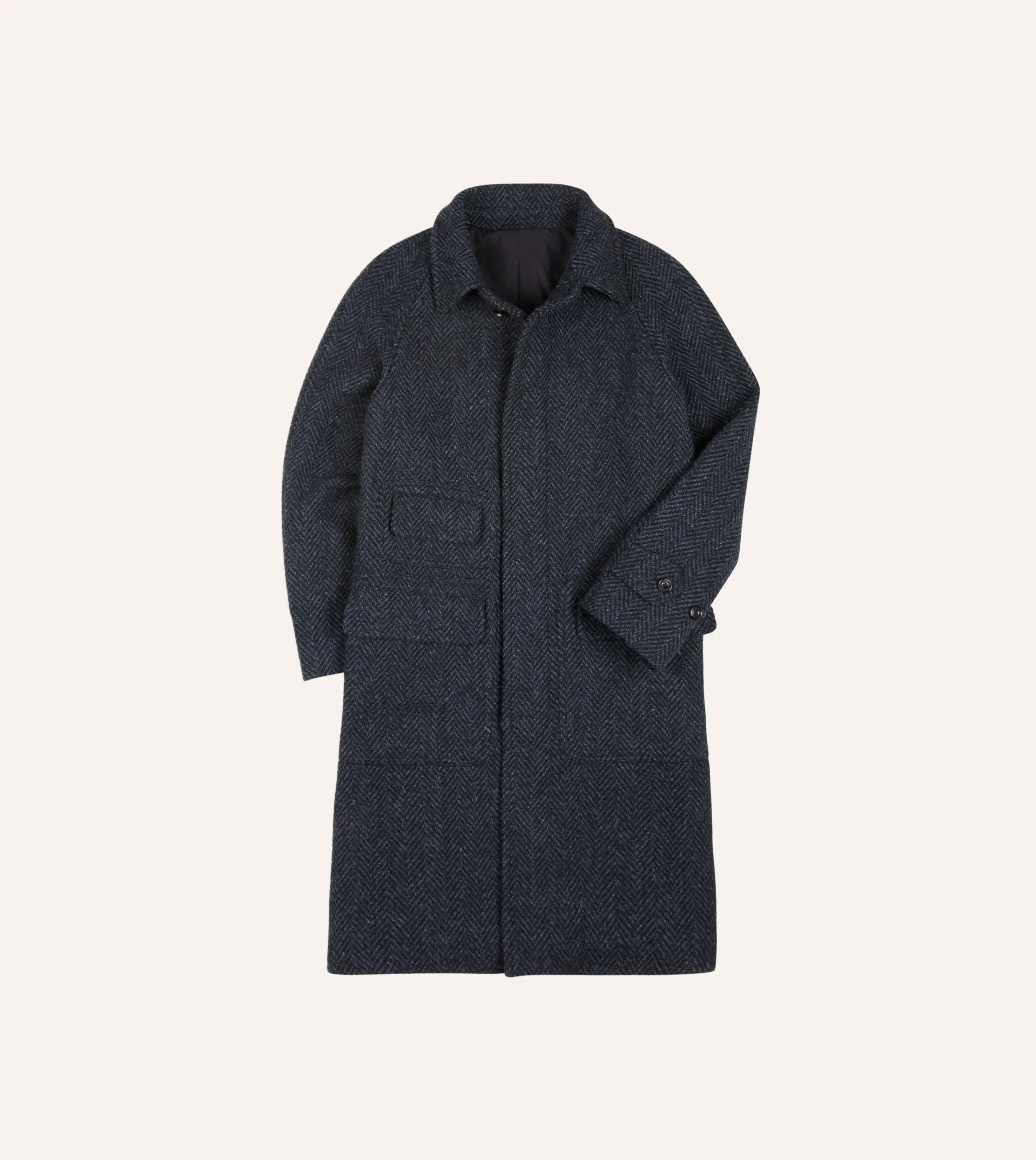 Drake’s Dark Grey Herringbone Wool Raglan Coat
