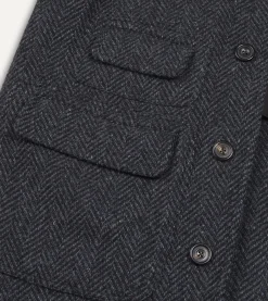 Drake’s Dark Grey Herringbone Wool Raglan Coat
