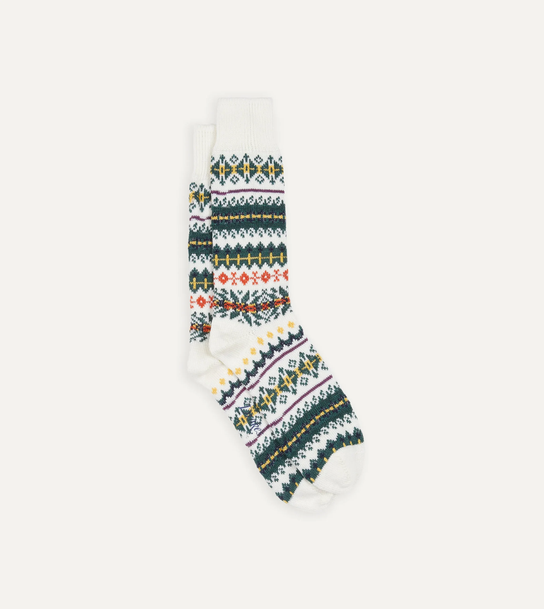 Drake’s Ecru Fair Isle Wool Cotton Socks